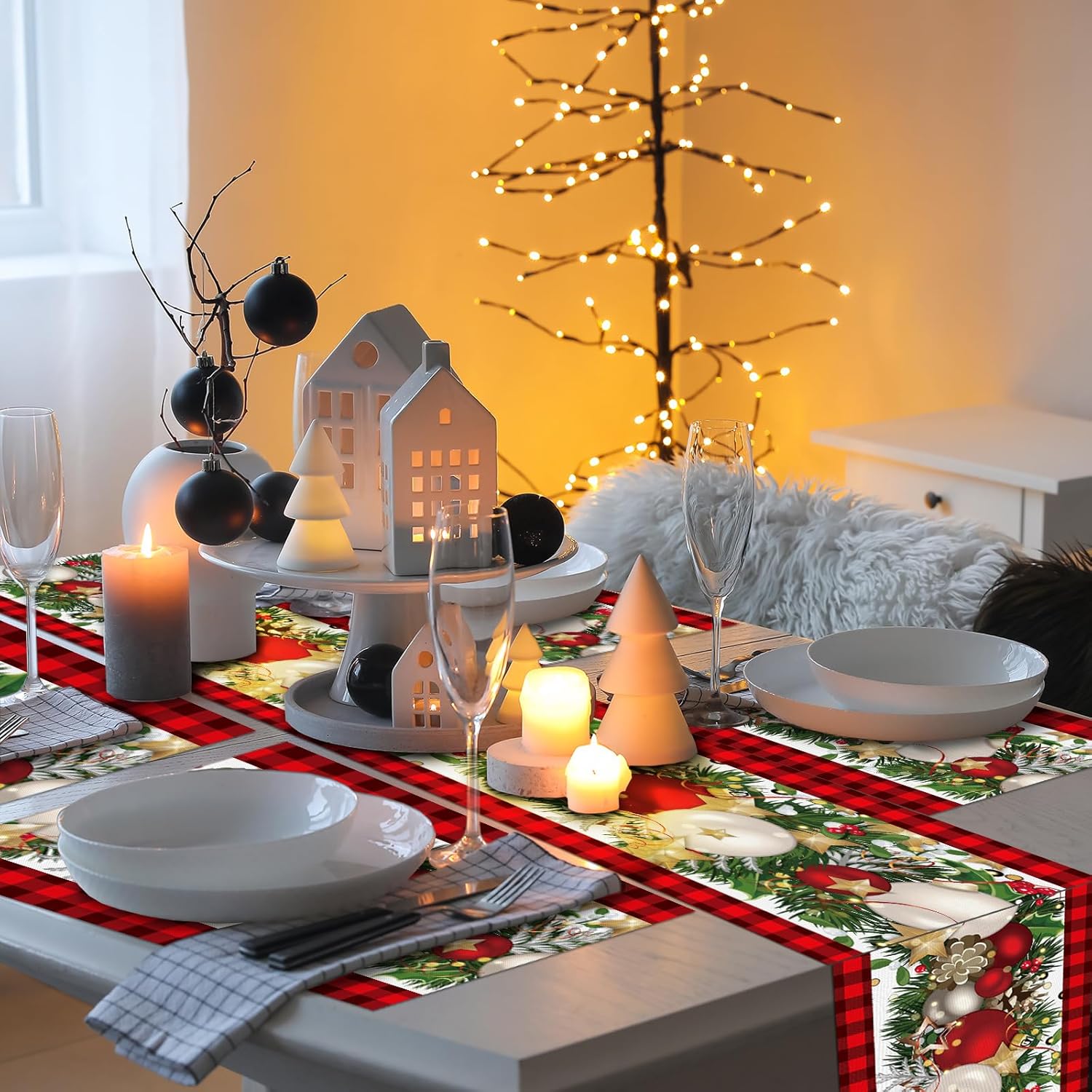 VitalCozy 7 Pcs Christmas Table Runner and Placemat Set 72 x 13 Inch Buffalo Plaid Runner Xmas Poinsettia Table Mat for Holiday Kitchen Dining Decoration(Plaid,Red Black)