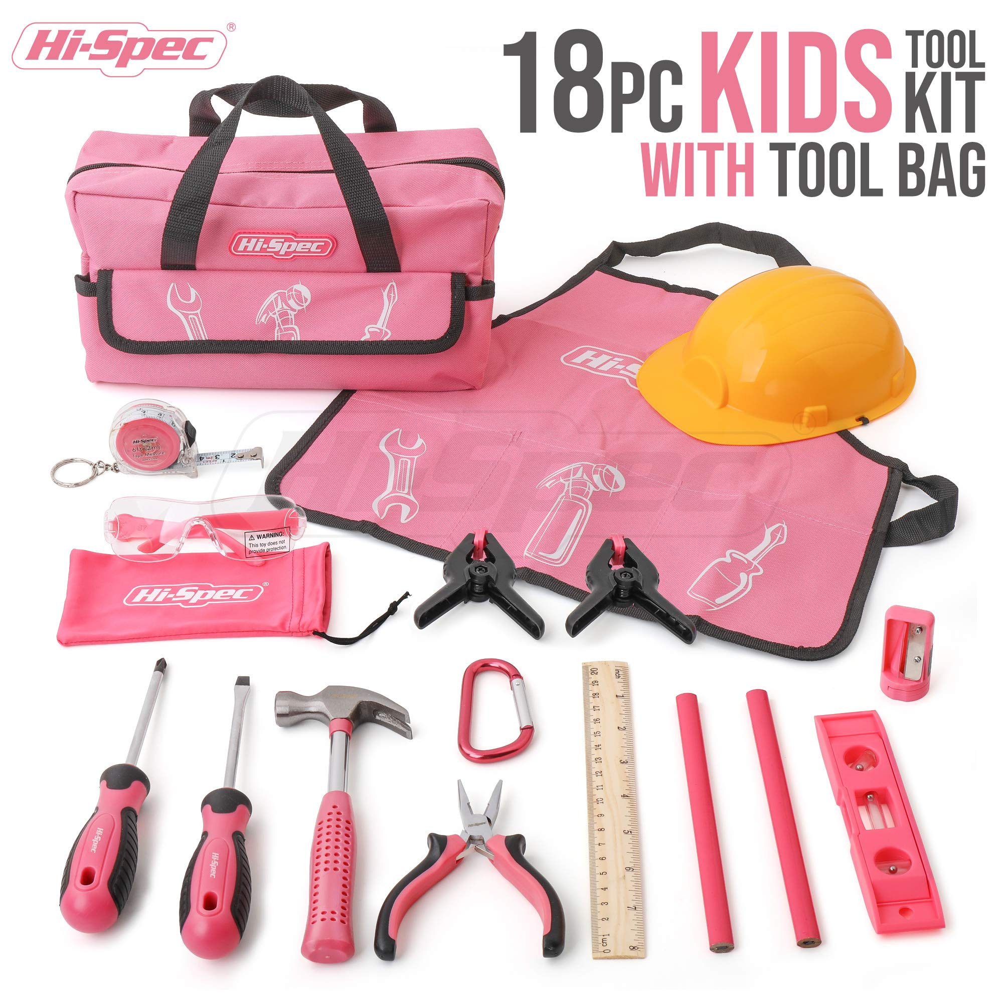 HiSpec 18 Piece Kid's Pink Tool Kit Set with Tool Bag. Real Metal DIY