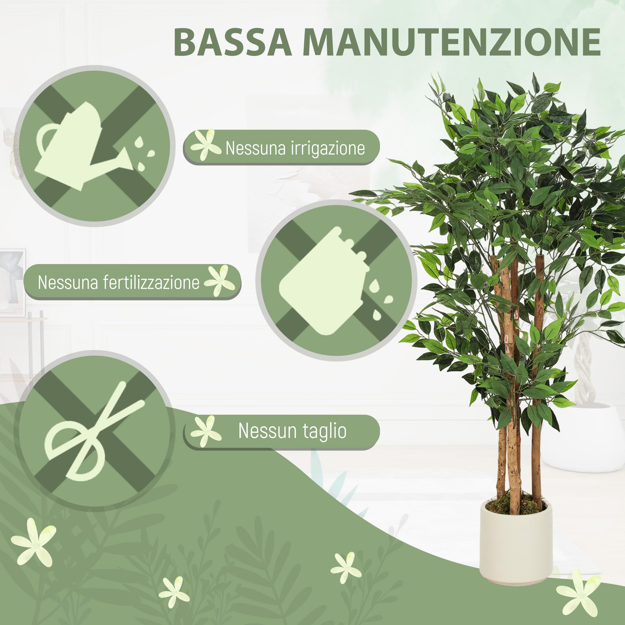 HOMCOM Pianta Artificiale di Baniano con Rami Orientabili e Vaso Contenitore Bianco in PP e Cemento, Pianta Verde in PEVA e Legno, per Interno, Ufficio, Soggiorno, Camera da Letto, 55x55x120 cm