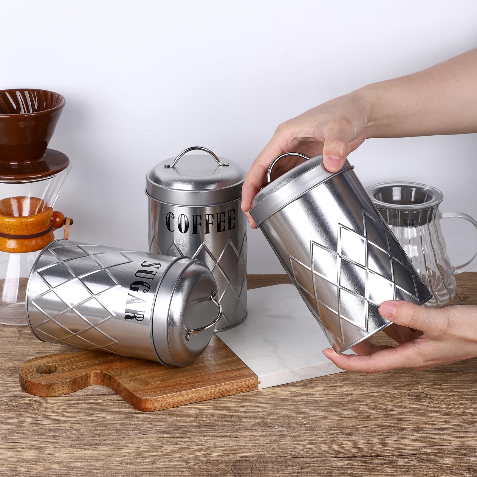 Regalo Amantes Café Juego De 3 Recipientes De Cocina Para Té Y Café Con Azúcar, Recipientes Negros De Acero Bandeja Metal Organizador