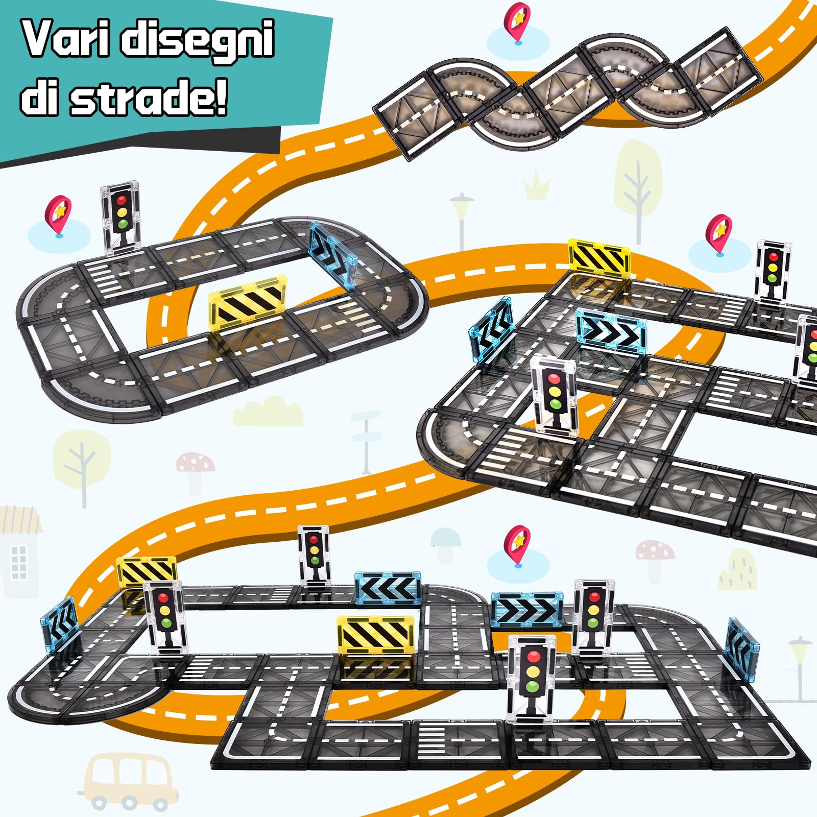 BuzzoXerex Costruzioni Magnetiche Strade, Piastrelle Magnetiche Bambini 50 pezzi, Tessere Magnetiche Blocchi Magnetici Giocattoli Costruzioni Regalo Bambino 3-4 anni