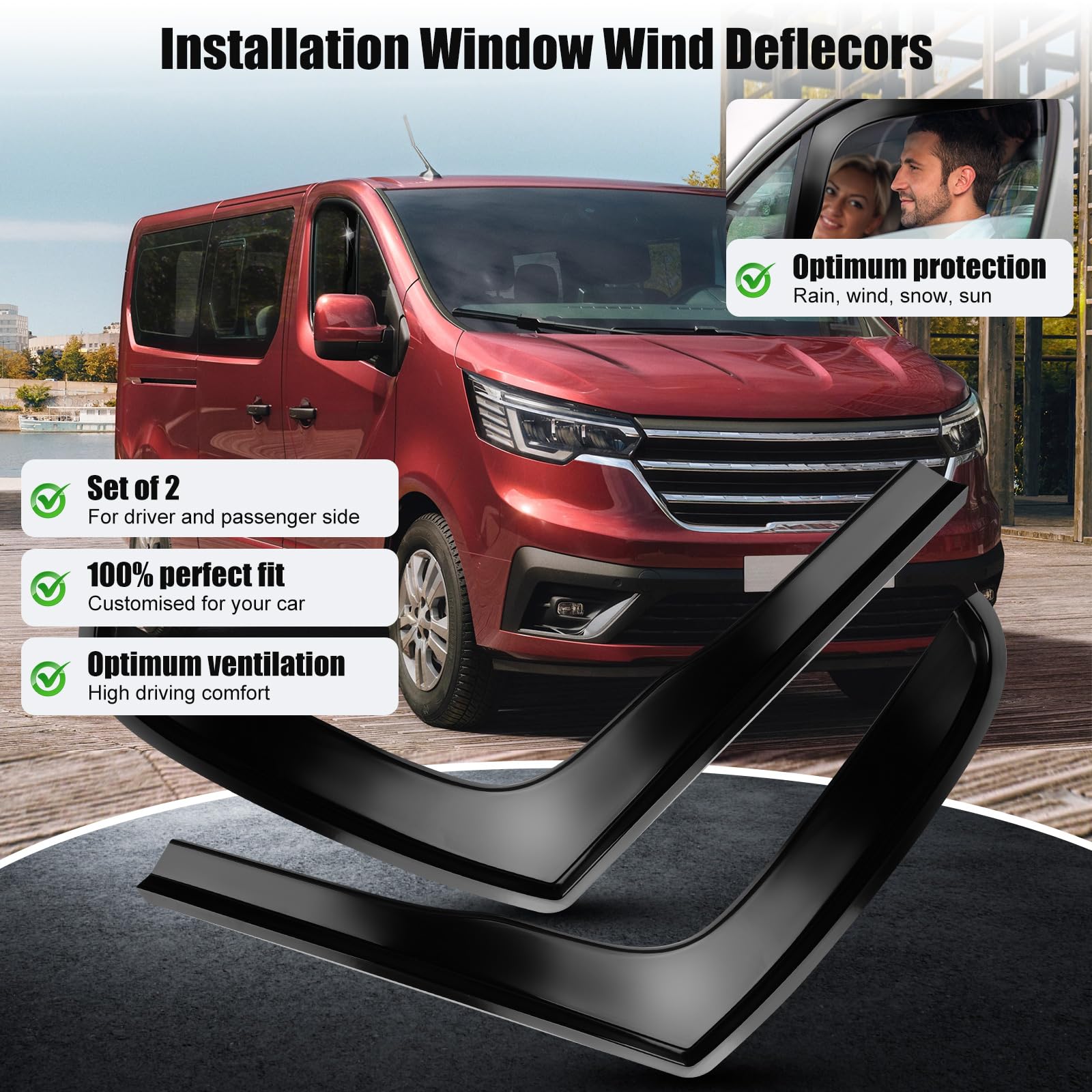 Juego de 2 deflectores de viento para ventanas de repuesto para Renault Trafic 2014-2024, color negro, deflectores de viento y lluvia para ventanillas laterales