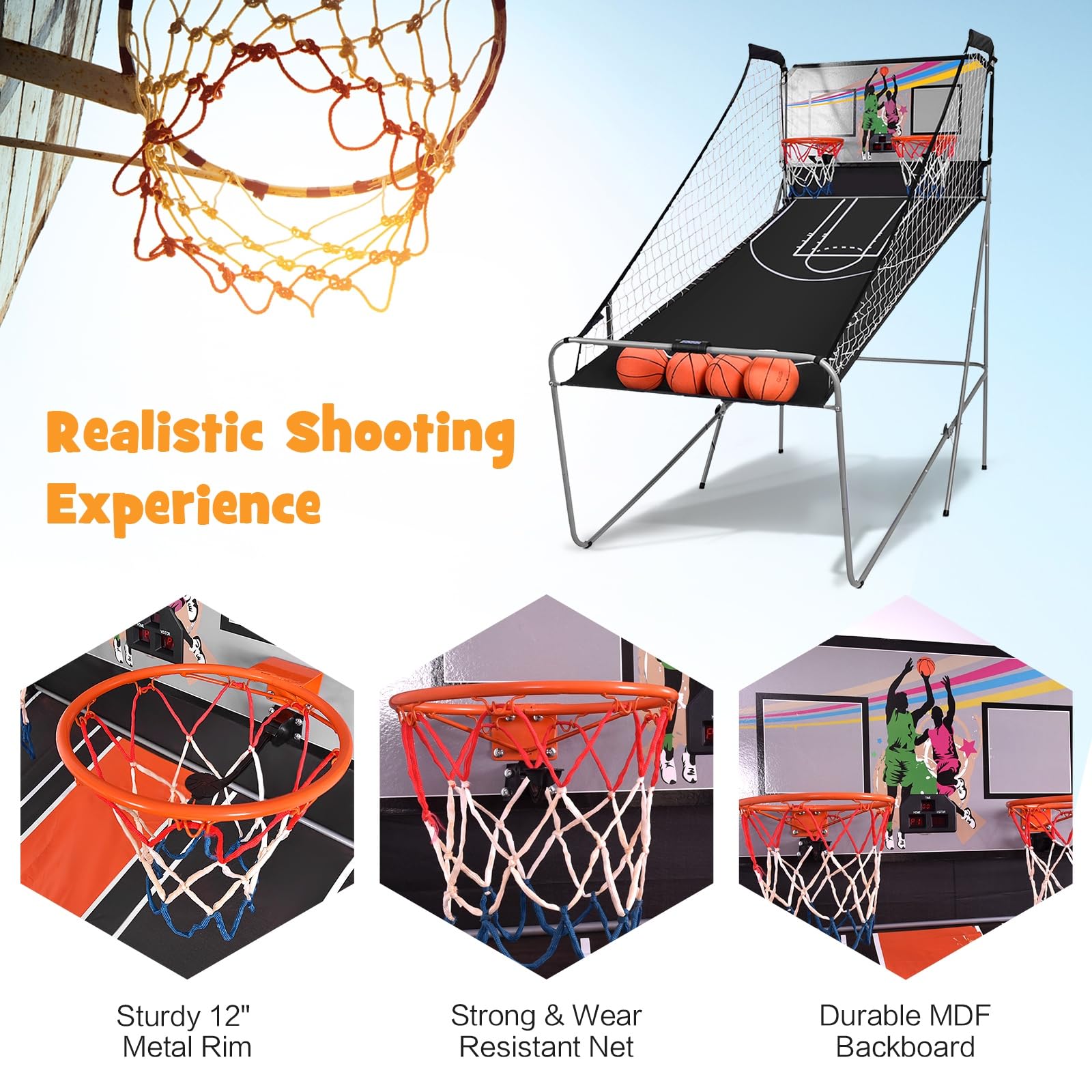 LIFEZEAL Gioco Arcade di Pallacanestro pieghevole, doppio cestino da Basket con 8 modalità di gioco e contatore per 2 persone, rete di sicurezza, telaio in metallo, 4 palloncini, 1 pompa (B)