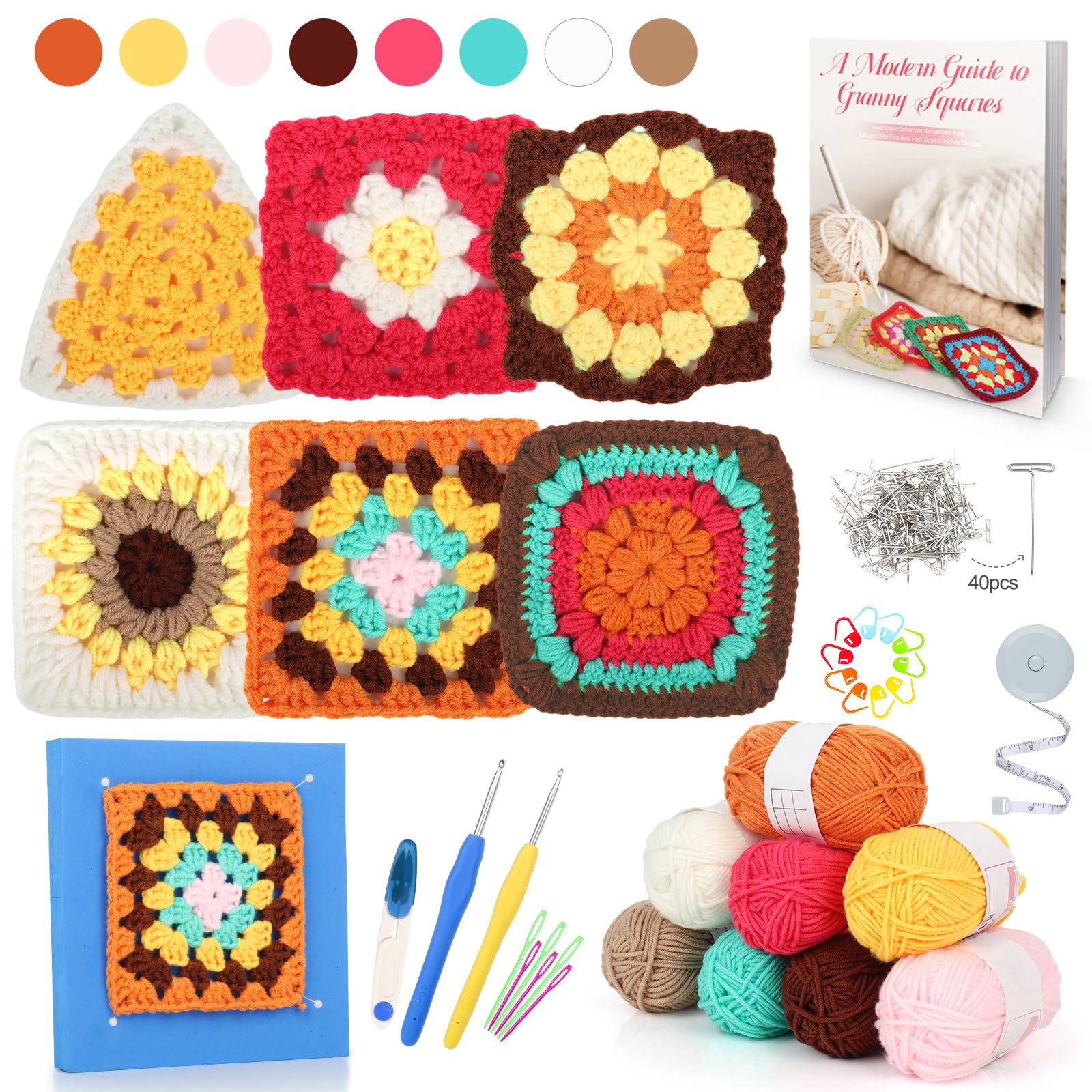 Reessy Crochet Kits for Beginners Adults Granny Square Crochet Starter Kit with 8 Colors Yarn