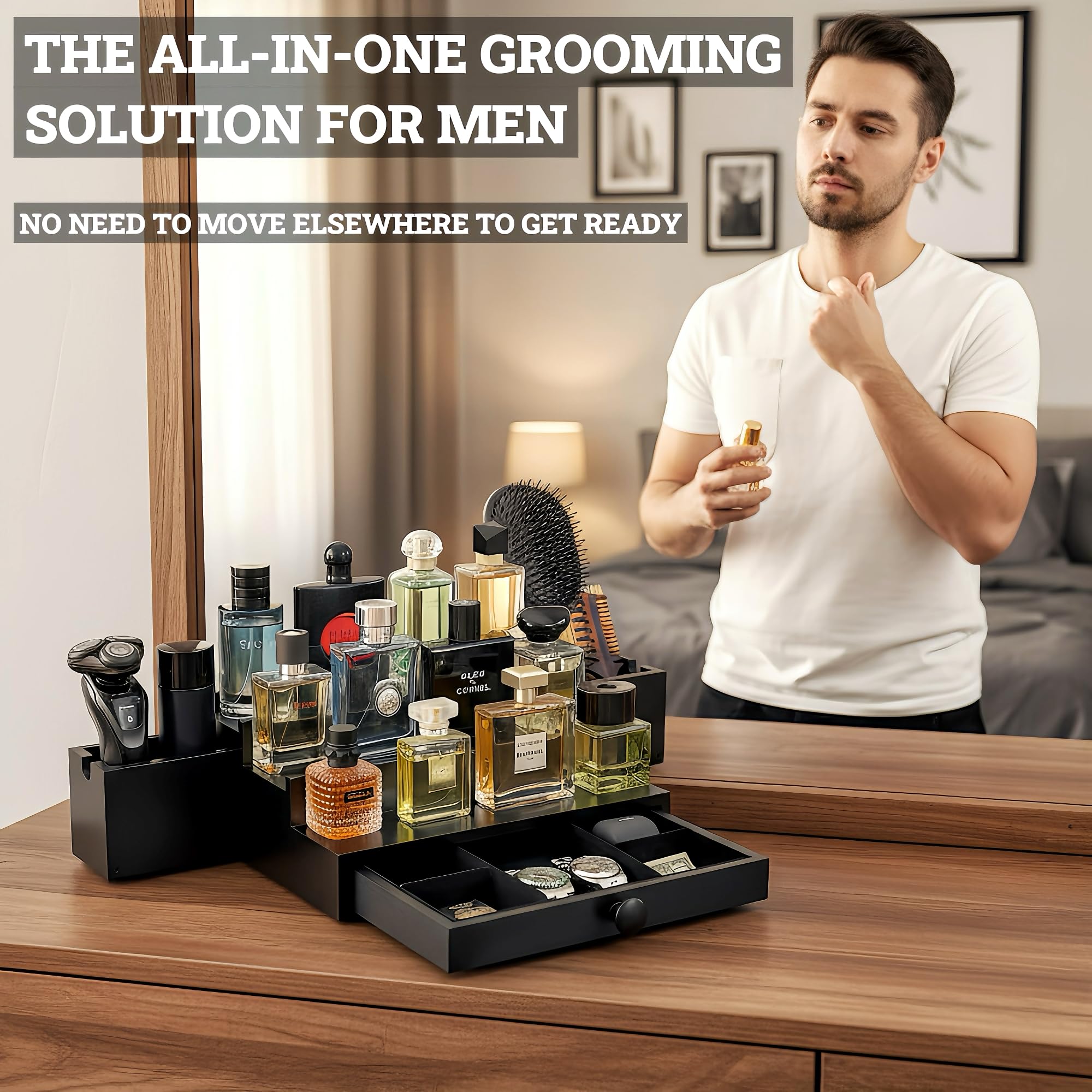 Organizer classico in legno da uomo, a 3 ripiani, con fodera in velluto di alta qualità e elegante confezione regalo, design ordinato, espositore per profumi, idea regalo SELUM