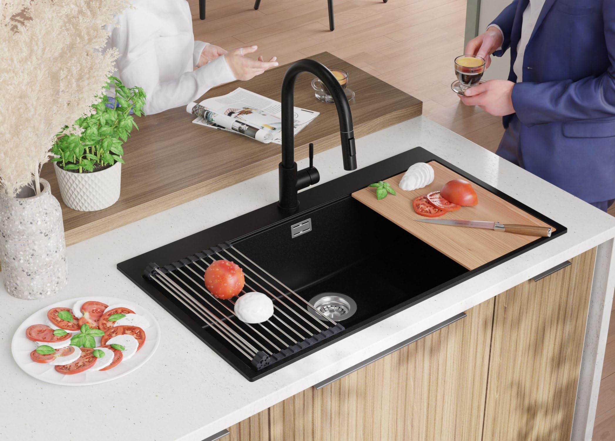PRIMAGRAN Lavello Angolare Nero 88x50cm, Lavandino in Granito a 1 vasca + Sifone Classico + Tagliere, Lavabo da Cucina Incasso al Mobile 90cm - Oslo 90 Top S705
