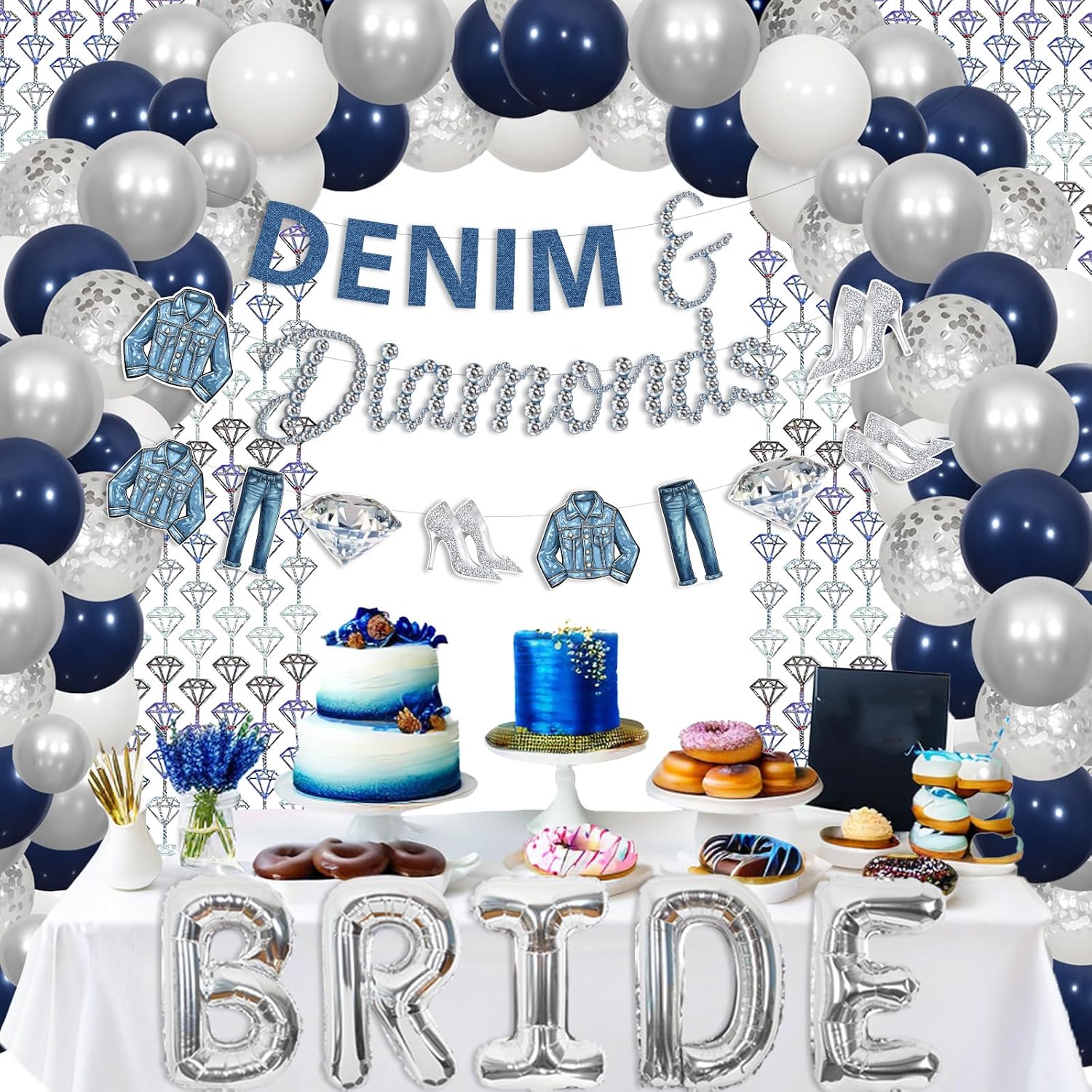 Denim and Diamond Bachelorette Party Decoration, Denim and Diamond Theme Banner Garland Fringe Curtain Balloon Garland Arch Kit for Bridal Shower Wedding Engagement Proposal Decoration