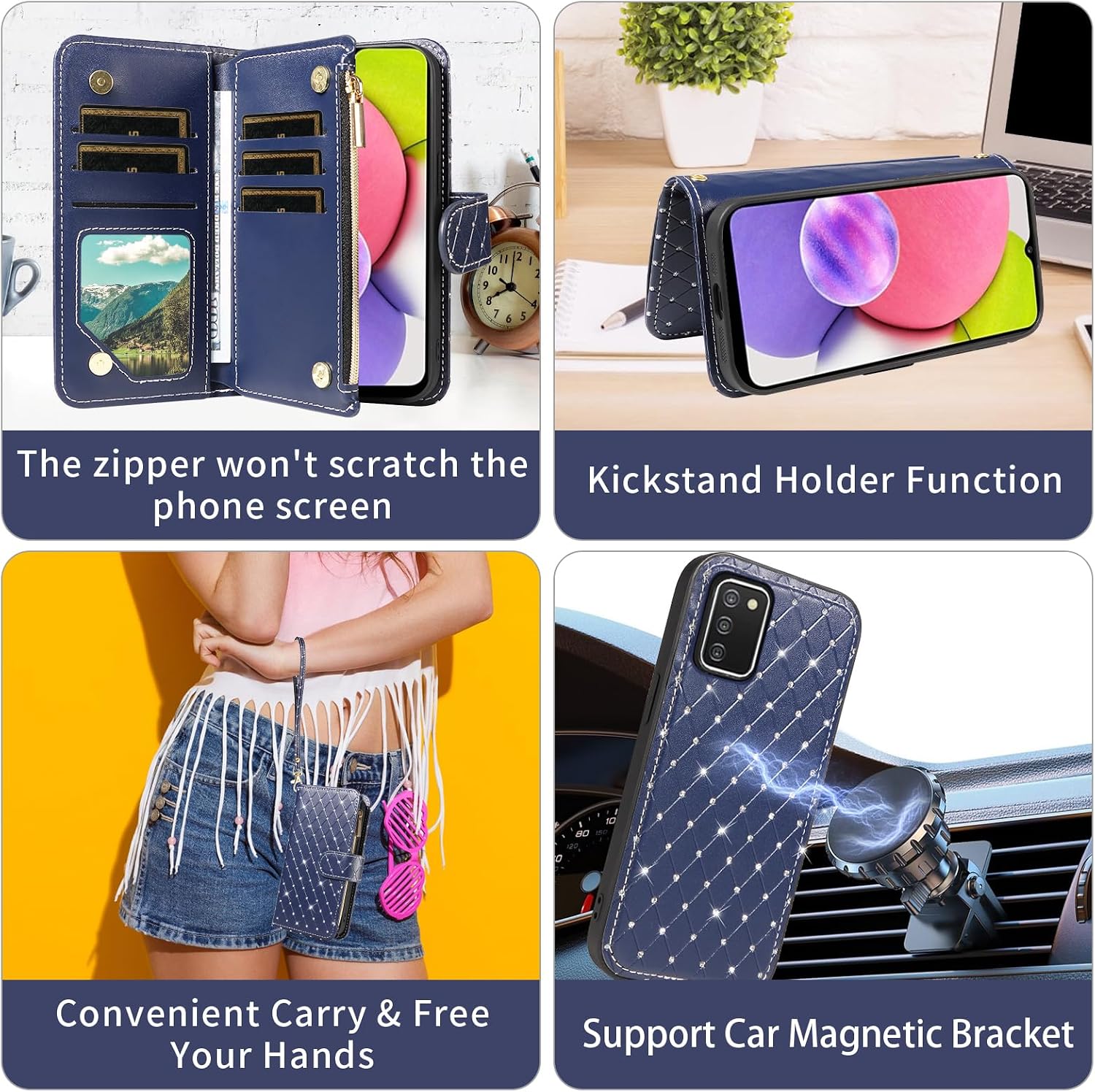 Compatible with Samsung Galaxy A03s US Version 5G 2022 Wallet Case Zipper Cell Screen Protector Crossbody Strap Glitter Flip Card Holder Phone Cover for Ao3s A 03s SM-A037U SM A037U Women Dark Blue