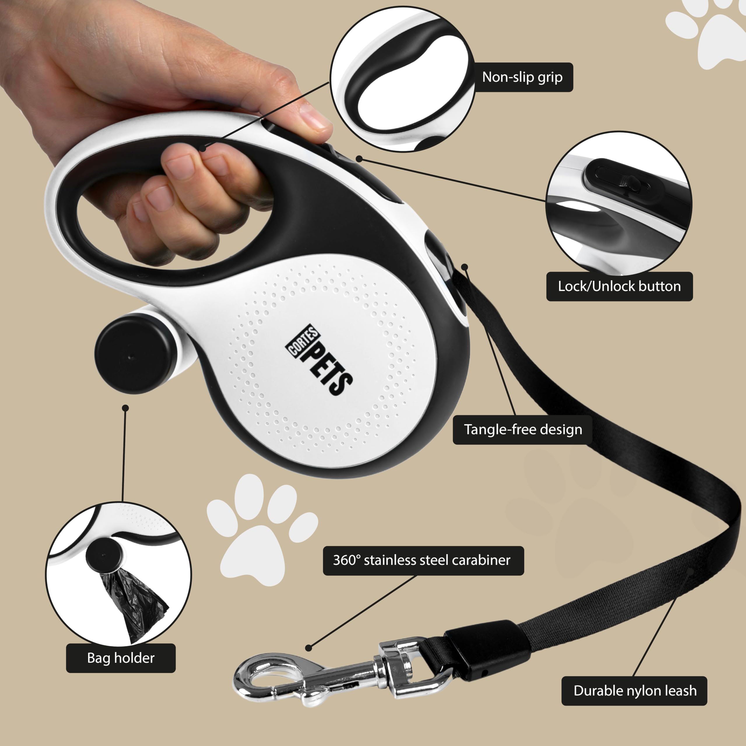 CORTES PETS extendable dog lead 5m with poop bag holder for large dogs & small dogs up to 50 kg. Strong dog lead, flexi leash - Image 2