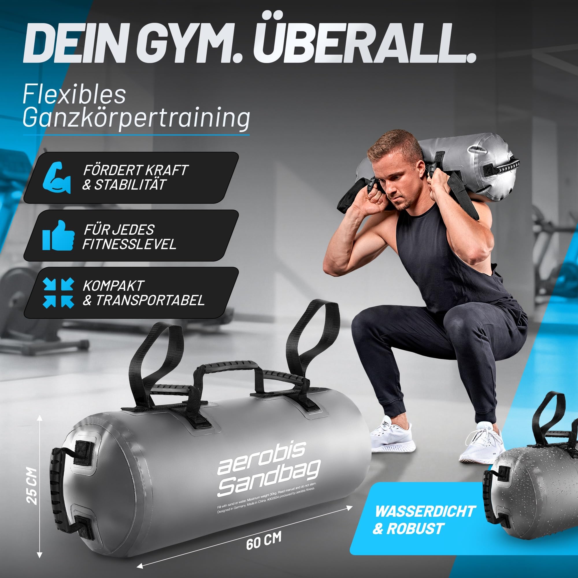 aerobis® Fitness Sandbag - instabiles Krafttraining - bis zu 30kg Trainingsgewicht - Gewichtssack - Power Bag - Sandsack Training - individuell anpassbar - hochwertig & extrem haltbar