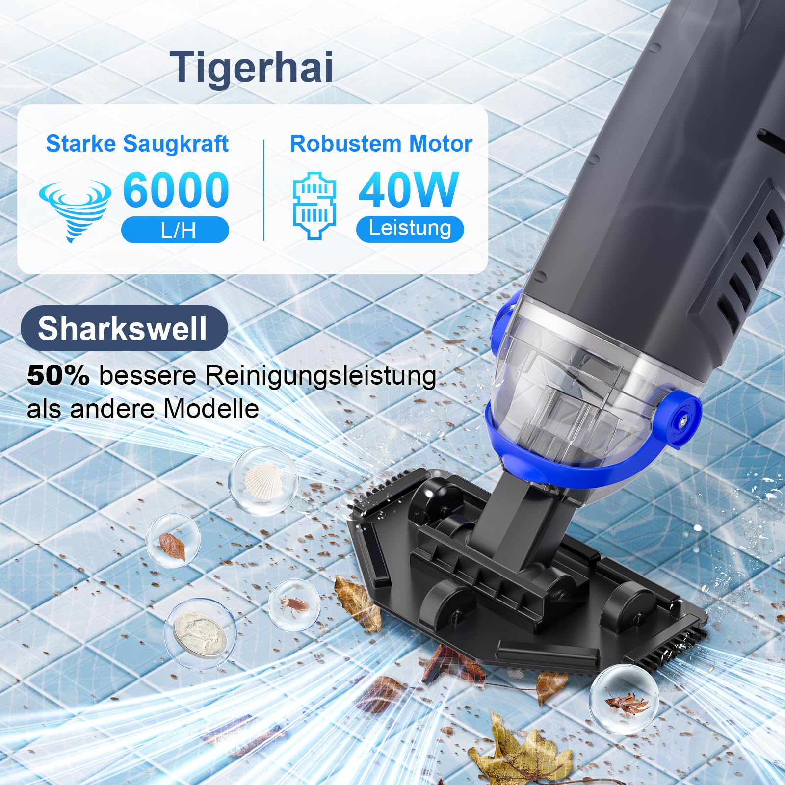Poolsauger Akku, Absaugung bis zu 6000L/H, 2026 Upgraded Poolsauger Bodensauger mit 300cm Teleskopstangen, 2 Saugköpfe & 4 Filter und Pool Kescher Betriebsdauer bis zu 60 Minuten (Grau)