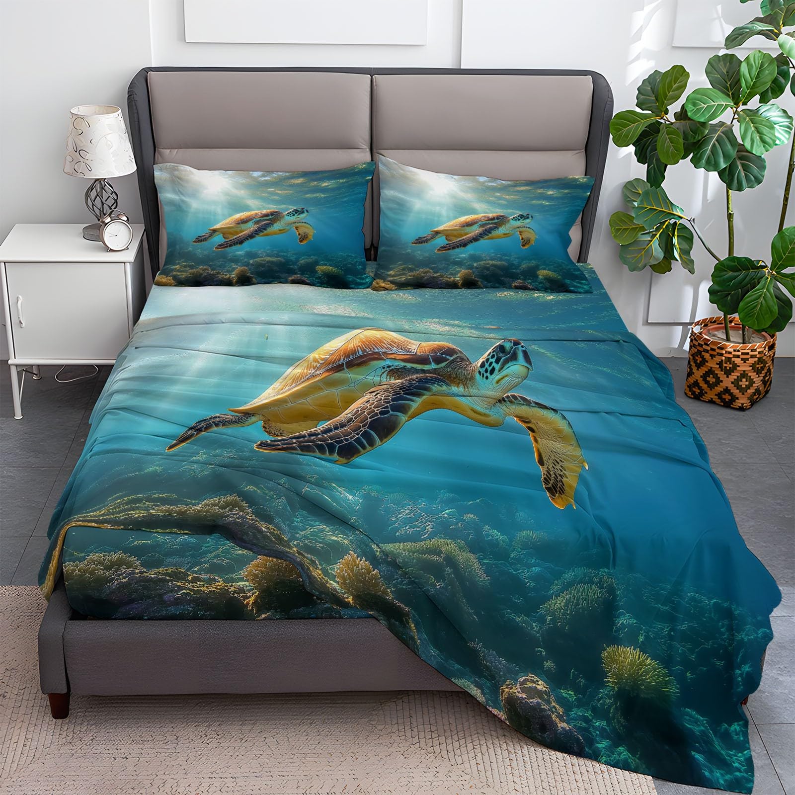 Fitted Sheet Full Size Bedding Set for Kids Girls Women Men Room Decor, Soft Microfiber & Deep Pocket & Wrinkle Free Elegant Turtle Bedding Sheets, Brown Blue