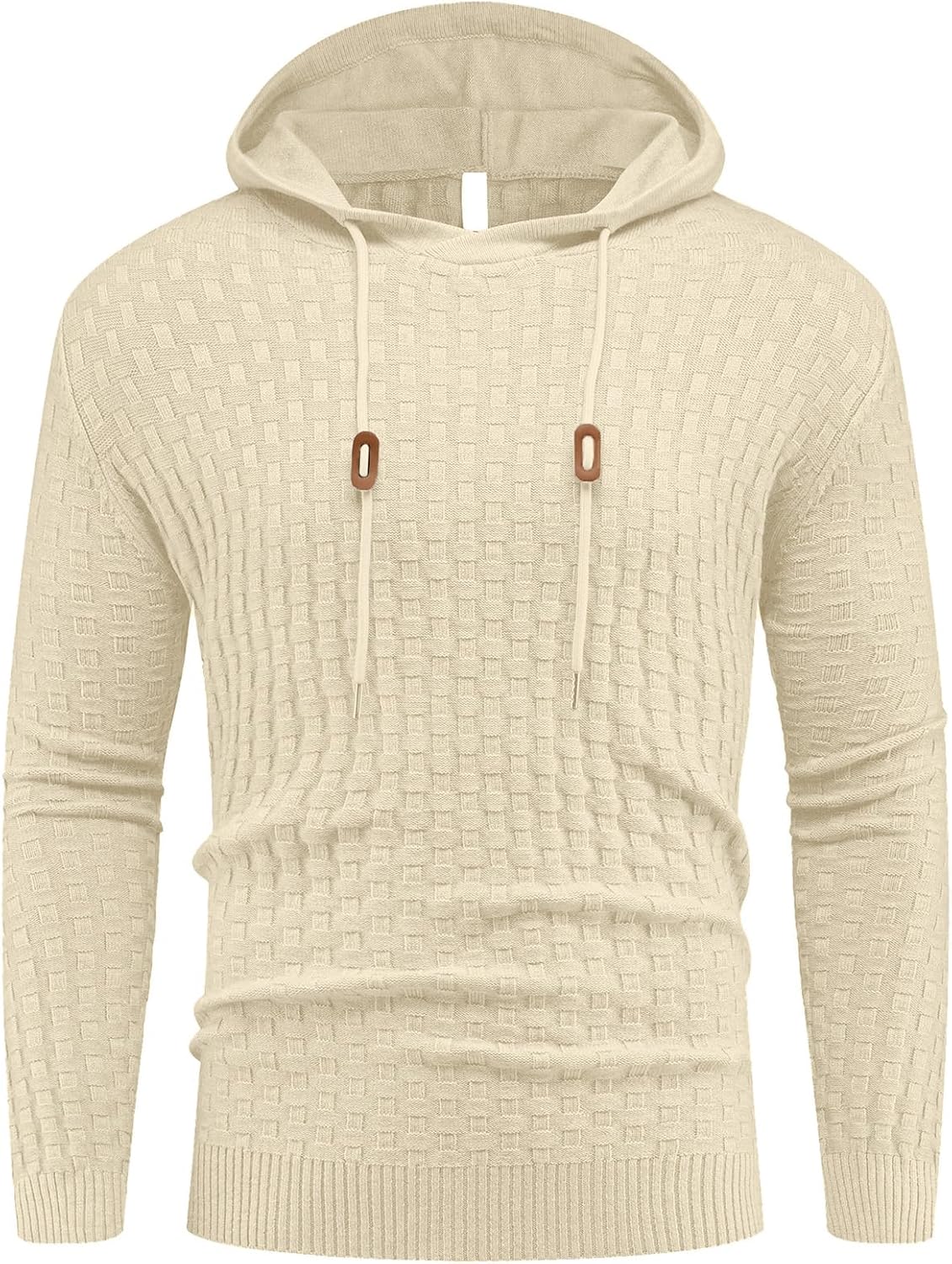 Askdeer Men's Pullover Sweater Long Sleeve Waffle Knitted Sweater Casual Soft Hoodie Pullover Sweaterwith Ribbing Edge Beige - Image 2