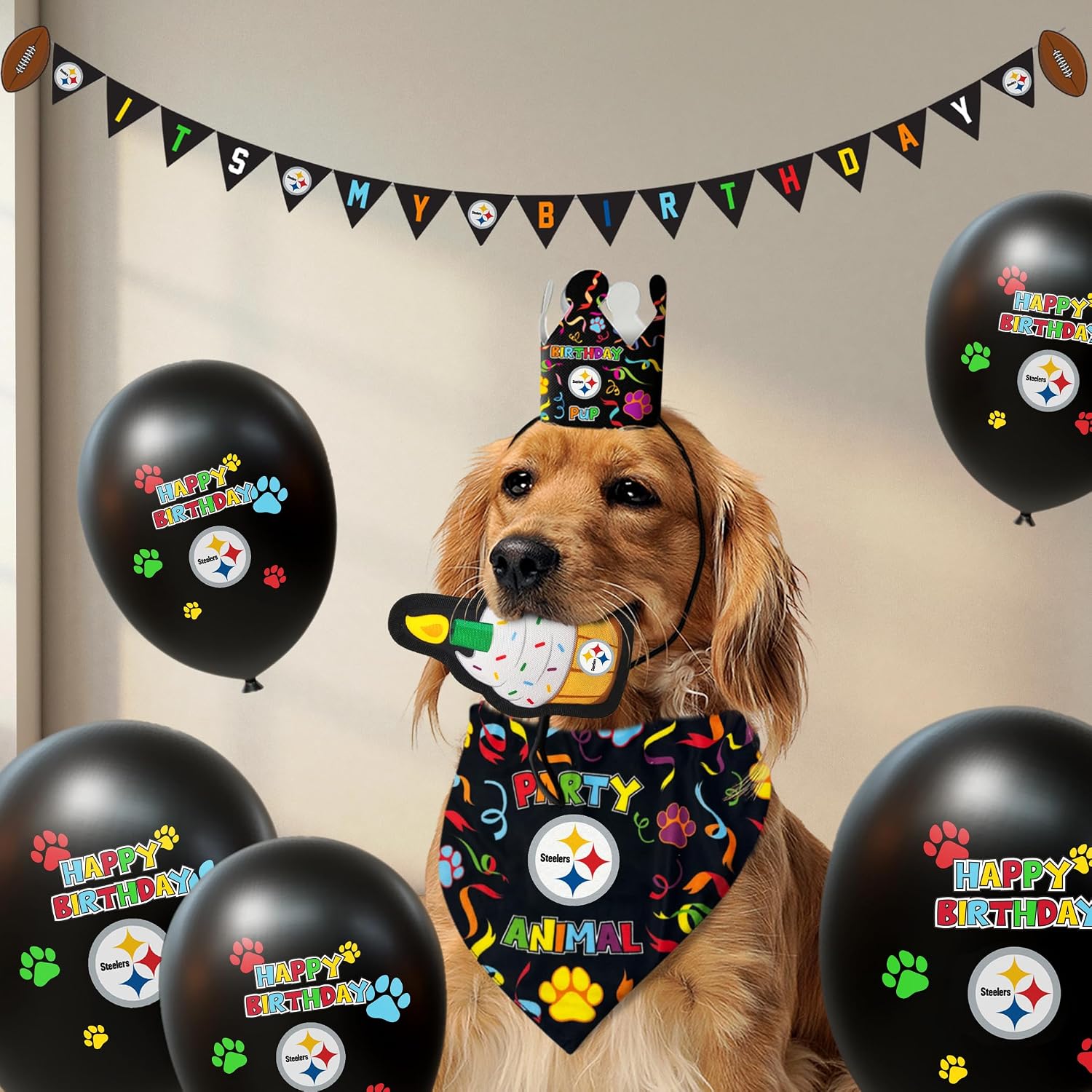 NFL Pittsburgh Steelers Pet Birthday Bandana, NFL Dog Birthday Party Set and Costume, Licensed Dog & Cat Birthday Party Scarf, Football Team Pet Outfit, Puppy Bday Accessory, Size Small/Medium image 5