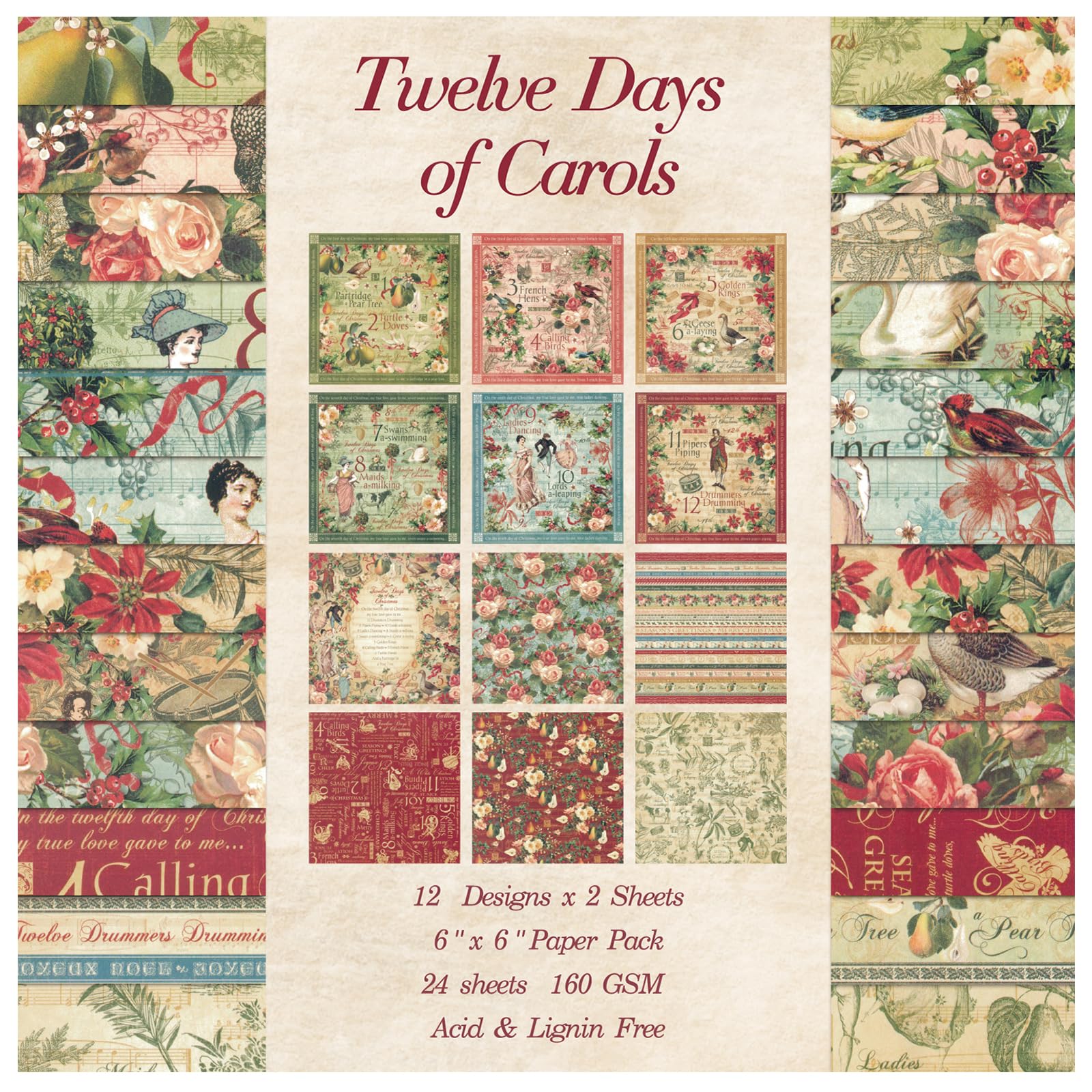 24 Sheets 12 Designs Scrapbook Paper Pad,6"×6” Single-Sided Decopodge Craft Paper,Cardstock Paper,Scrapbooking DIY Decorative Background Cardmaking Supplies.Carols