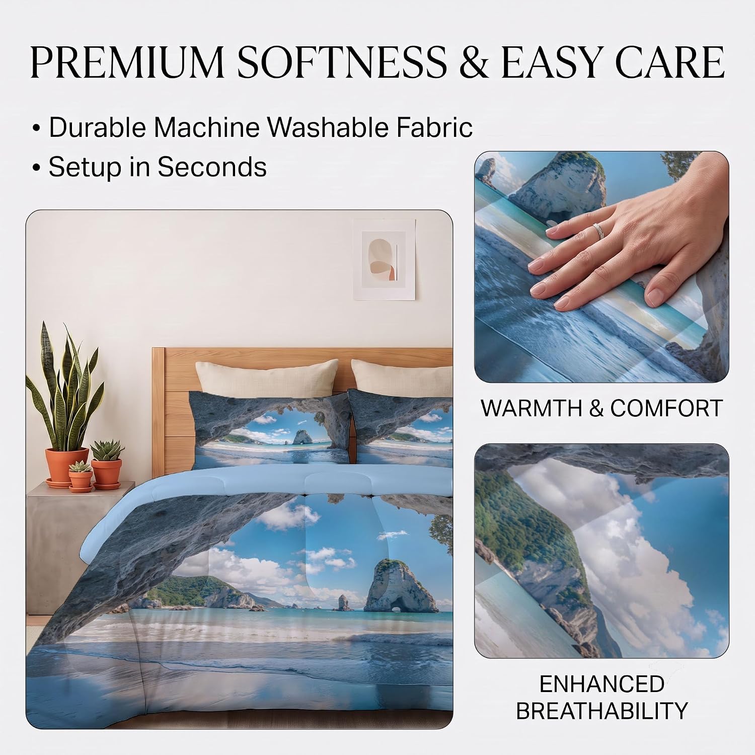 Natural Seascape Comforter Set King Size, New Zealand Cave Beach Bedding Set for Girls Boys, Light Blue Quilt Bed 104"X90" Bedding Comforter Sets with 2 Pillowcase Room Decor