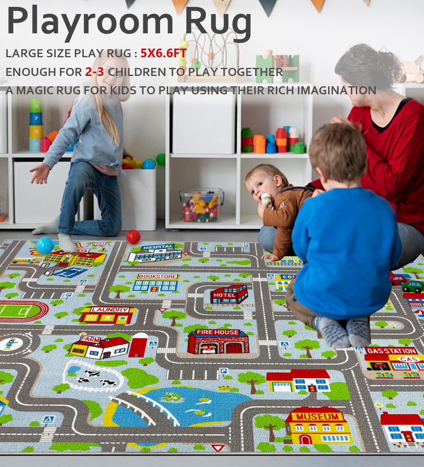 Kids Carpet Playmat Rug 5'0''x6'6'', Kids Rugs for Bedroom, Non-Slip Town City Road Map Car Rugs for Kids Toy Cars, Track Carpet Play Rug for Playroom Classroom Decor (Sky Blue)