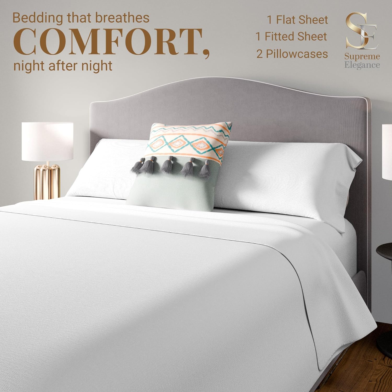 SUPREME ELEGANCE White Jersey Knit 4-Piece Queen Sheet Set, T-Shirt Bed Sheets with Soft Cotton Blend Heather Fabric, Wrinkle-Resistant, Deep Pocket Fitted Sheet, All-Season Queen Bedding Set