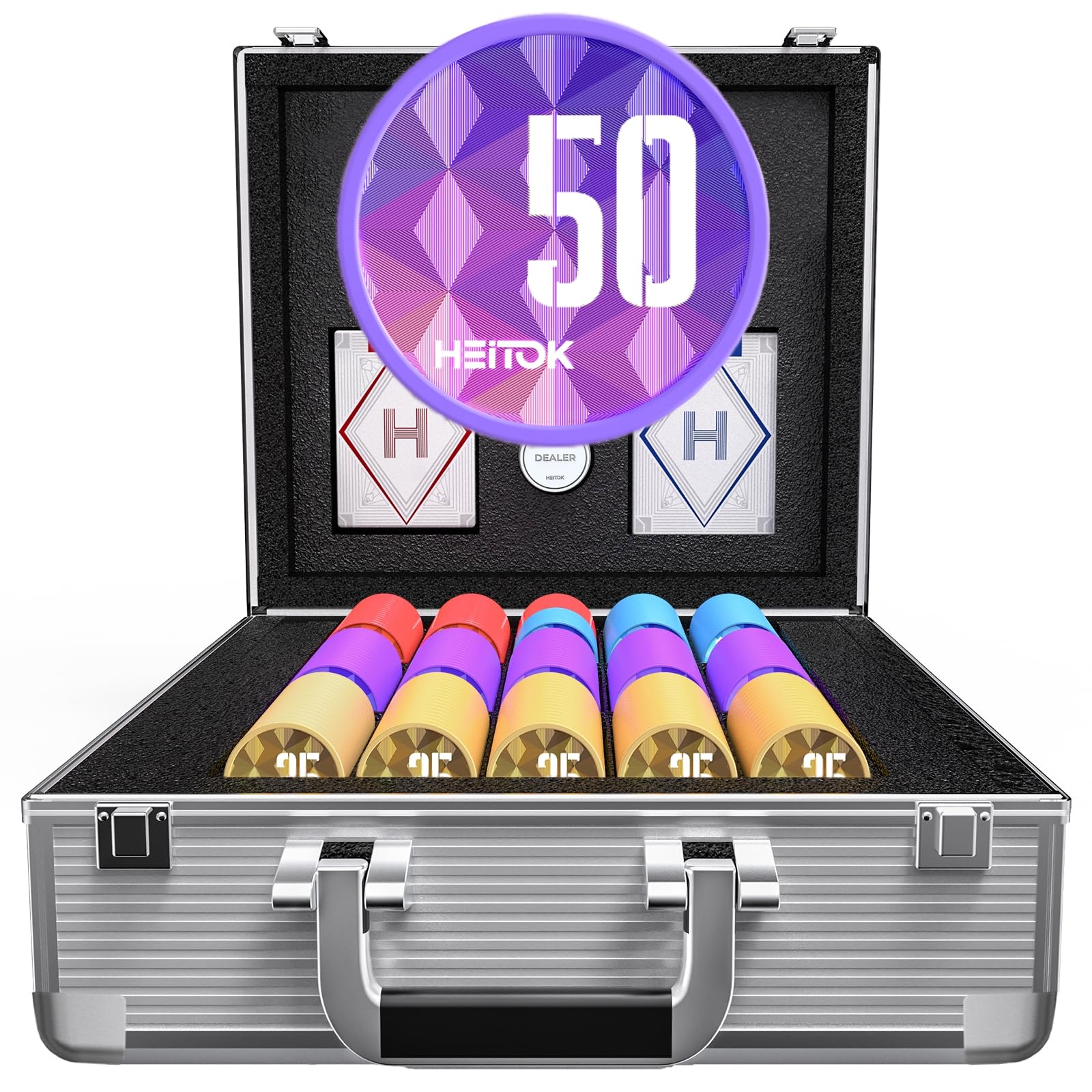 HEITOK 600-Piece Casino Poker Chip Set with Denominations, 11.5g Weighted Chips, 2 Decks, Compact Aluminum Case for Texas Hold'em, Blackjack