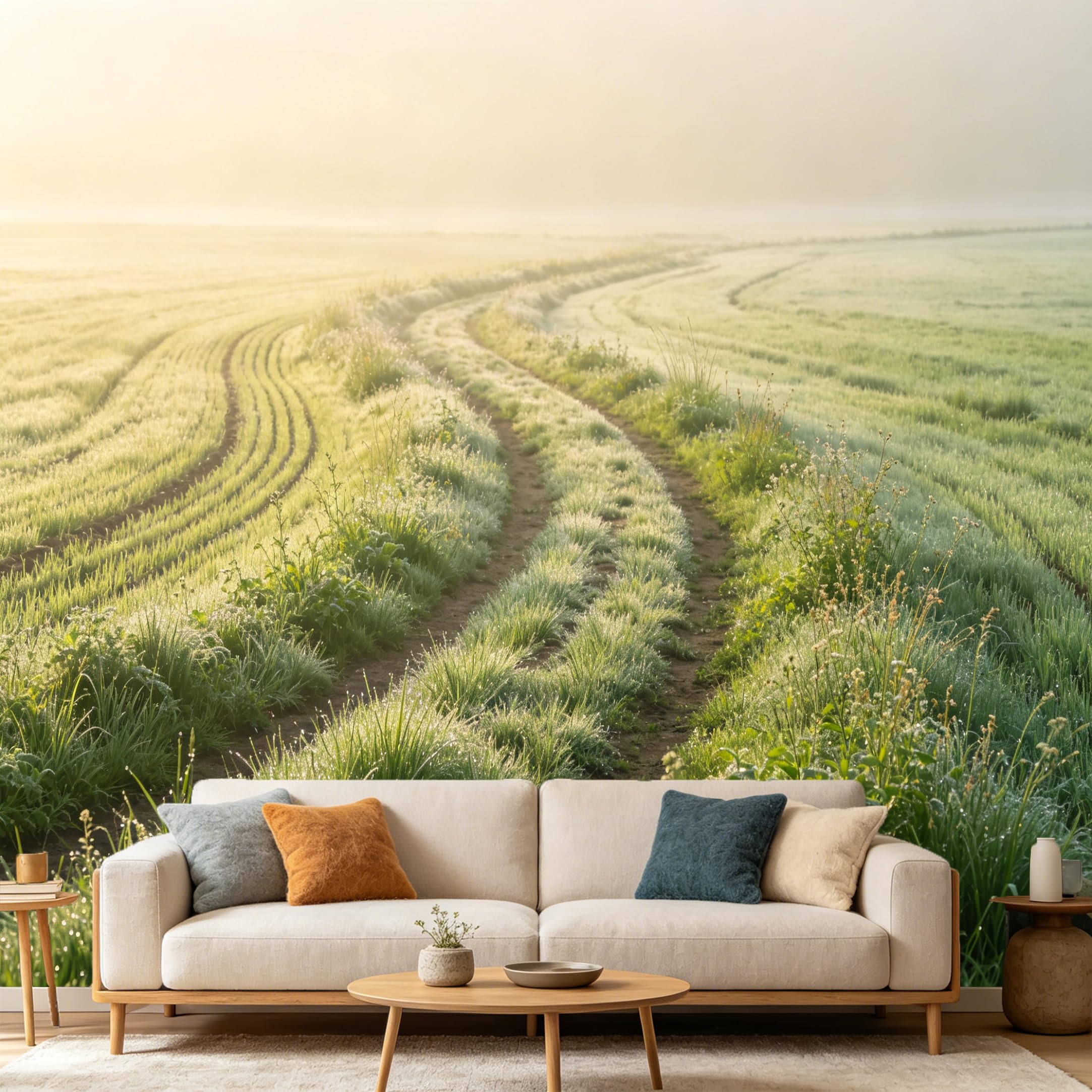 Custom Size Wall Mural Morning Foggy Meadow Countryside Landscape SelfAdhesive Art Prints wall Fabric (No PVC) Removable Wallpaper Home Bedroom Decor Nature Scenic View