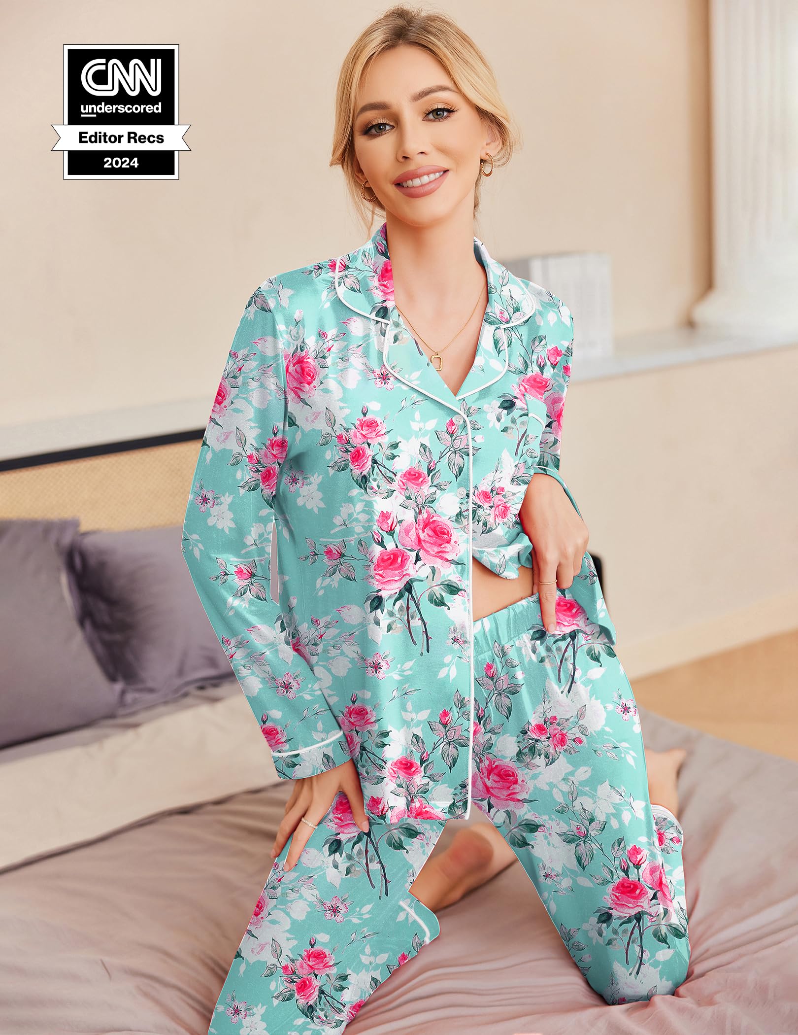 Ekouaer Pajamas Women's Long Sleeve Sleepwear Soft Button Down Loungewear Pjs Lounge Set Nightwear XS-XXL: Small Floral Light Green
