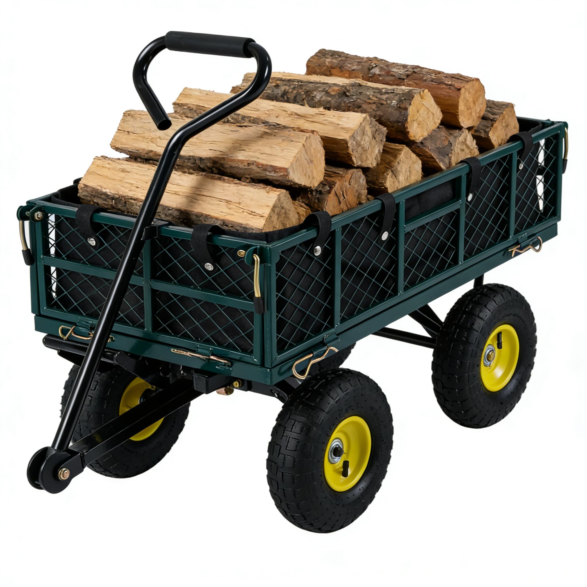 GYMAX Chariot de Transport de Jardin à 4 Roues, Charge Max 410 kg | Panneau de 4 Côtés Amovibles, Poignée Réglable à 120° et Rotative à 270°, Sac de Rangement Intégré, pour Plage Camping