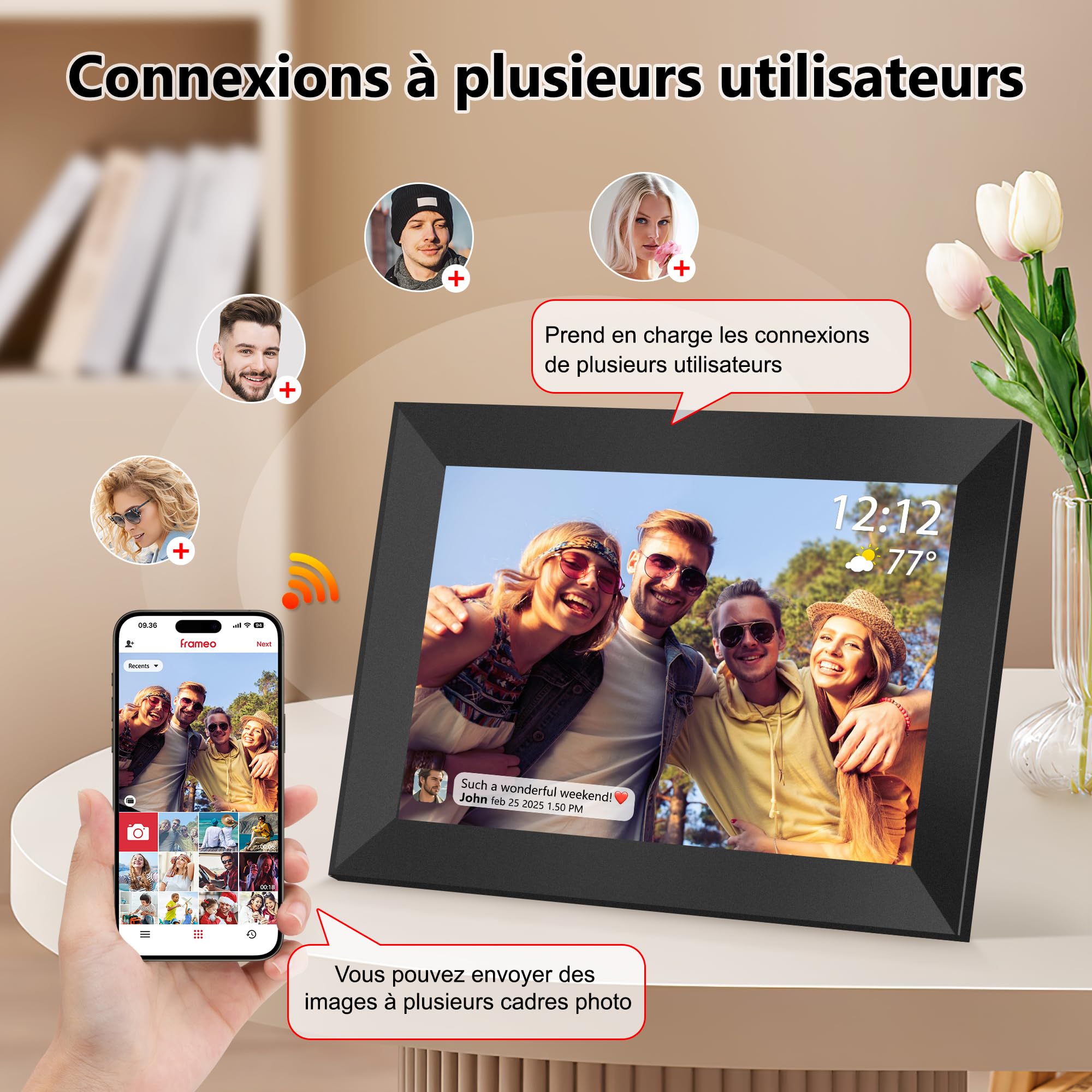 Frameo Cadre Photo Numérique 10,1 Pouces Wi-FI 32 Go, Écran Tactile IPS LCD 1280 x 800P, Cadre Photo Intelligent Cloud avec Rotation Automatique et Audio, Partagez Photos/Vidéos Instantanément (Noir)