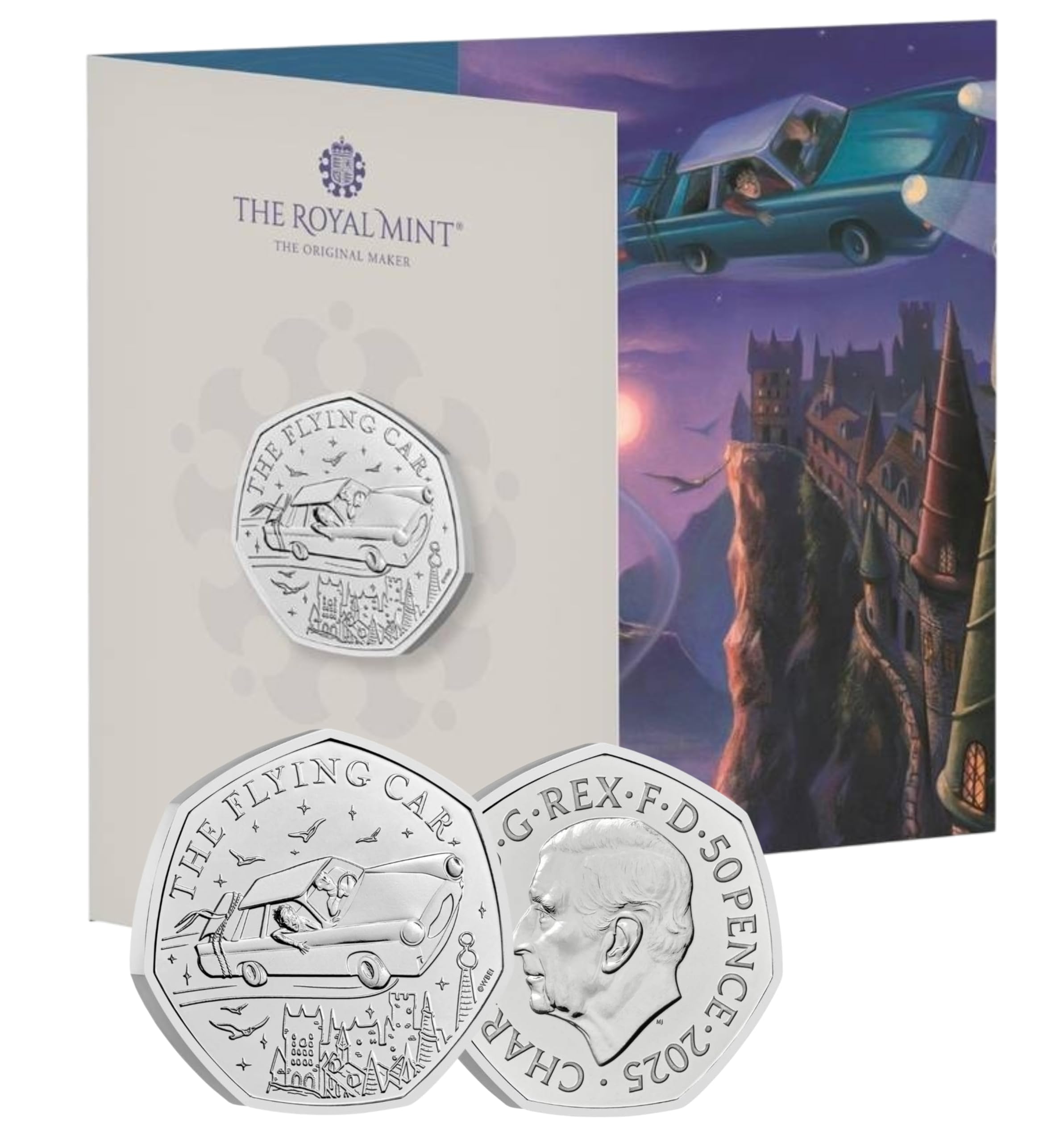CrawleyCoins 2024 Harry 07 Flying Car Potter UK 50p BU Coin in Mint Sealed Pack, Silver