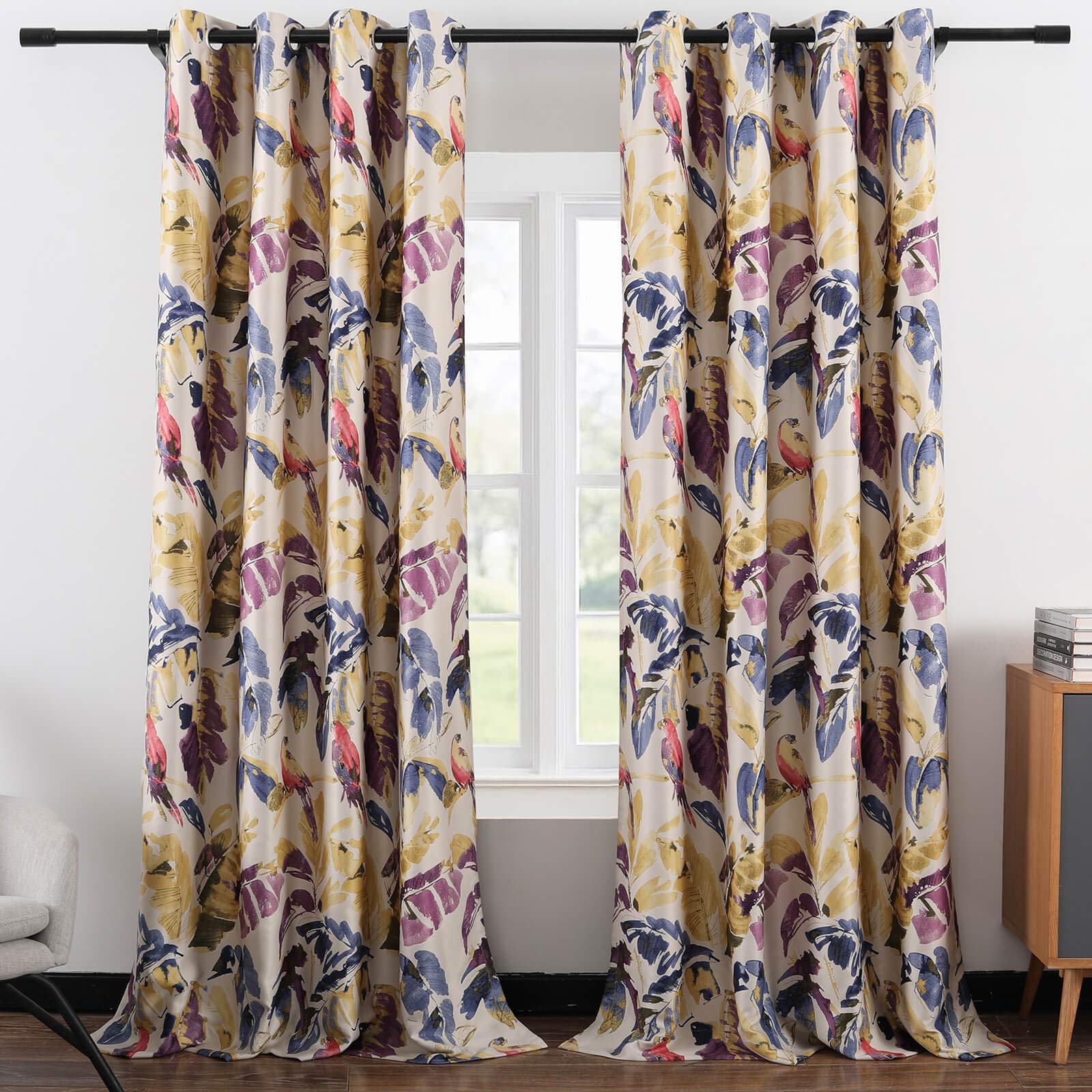 Leeva Blackout Curtains for Sliding Door, Abstract Print Plant Pattern Grommet Full Room Darkening Linen Window Drapes for Studio Office, 2 Panels,
