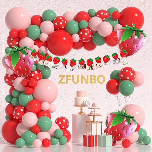 Strawberry Balloon Arch Kit Berry First Sweet One Birthday Party Decorations with Red Pink Sage Green Polka Dot Baby Shower Garland Supplies Strawberry Foil Balloons Banner for Girl Decor