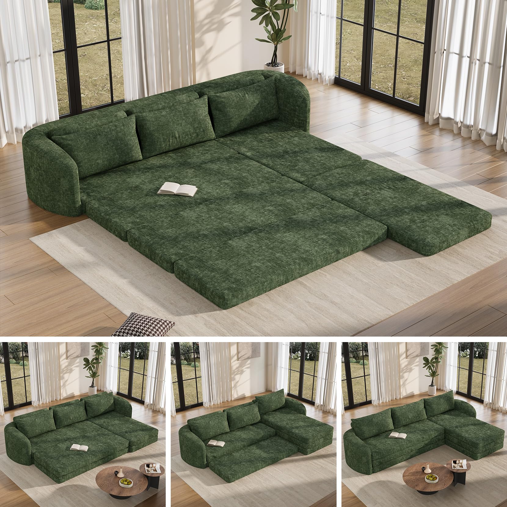 Vesgantti 6 in 1 Convertible Folding Sleeper Sofa Bed, No Assembly, Green | 110.2" L Shaped Modular Sectional Sofa, Curved Armrest, Deep Seat Boneless Couches for Living Room, Chenille, Right Facing