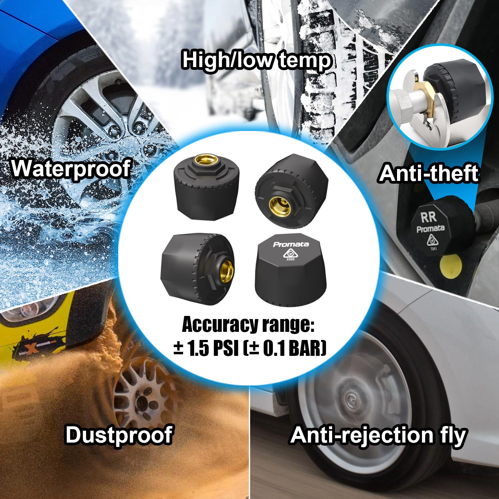 Promata TPMS mit 4 vorgekoppelten Sensoren für Allradantrieb, IP67 wasserdicht, automatische Anhängerhaken-Funktion, Reifendruckmonitor mit 6 Alarmen und Autobatteriespannung für Wohnwagen, Wohnmobil