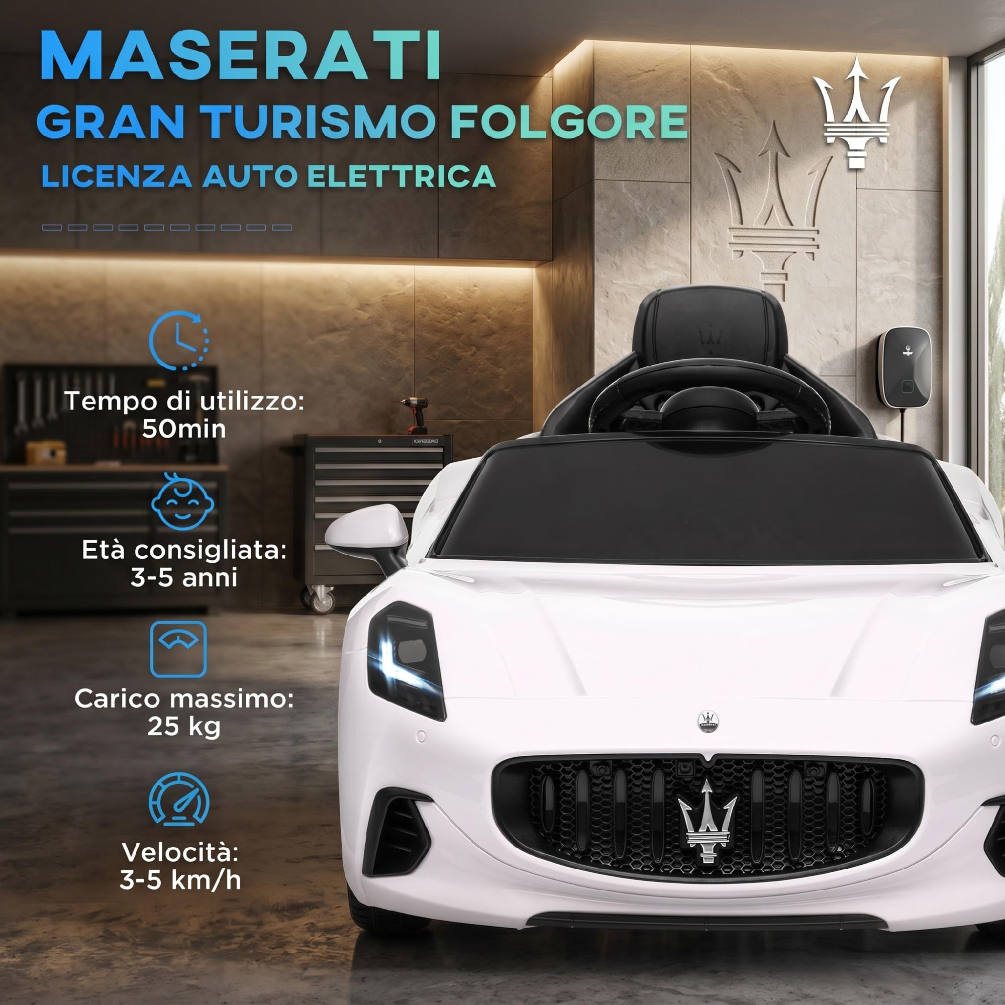 AIYAPLAY Macchina Elettrica per Bambini 3-5 Anni 12V Maserati Bianco | Maserati Gran Turismo Folgore, 3-5 km/h, Auto Elettrica per Bambini, 2 Motori, Telecomando, Cintura, Musica, Clacson, Fari