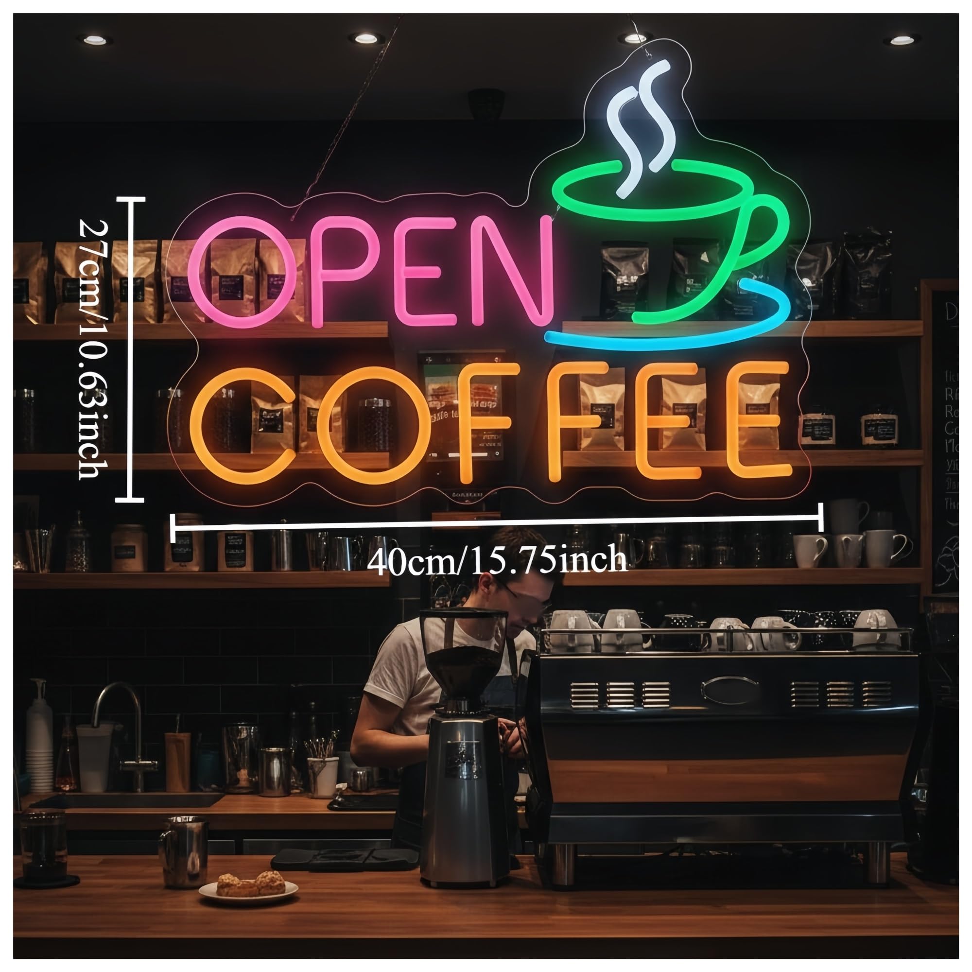 Polvane Neon Sign Coffee Neon Sign Open with 3D Cup Design Wall Decor to Boost Vibe for Cafe