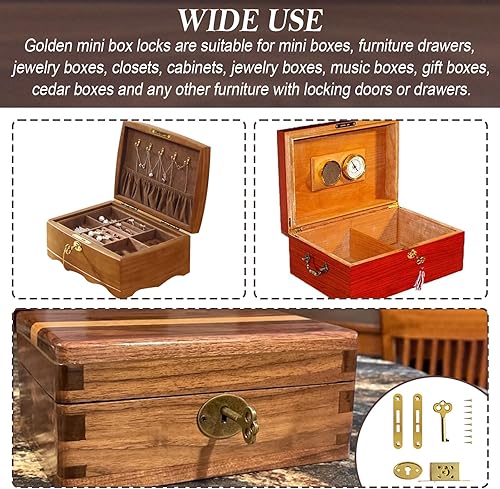 Miniatura 5 de Joyero chapado en oro antiguo con llave y tornillo de montaje para mini cerraduras, llaves de caja de cedro, cerraduras de caja de madera,