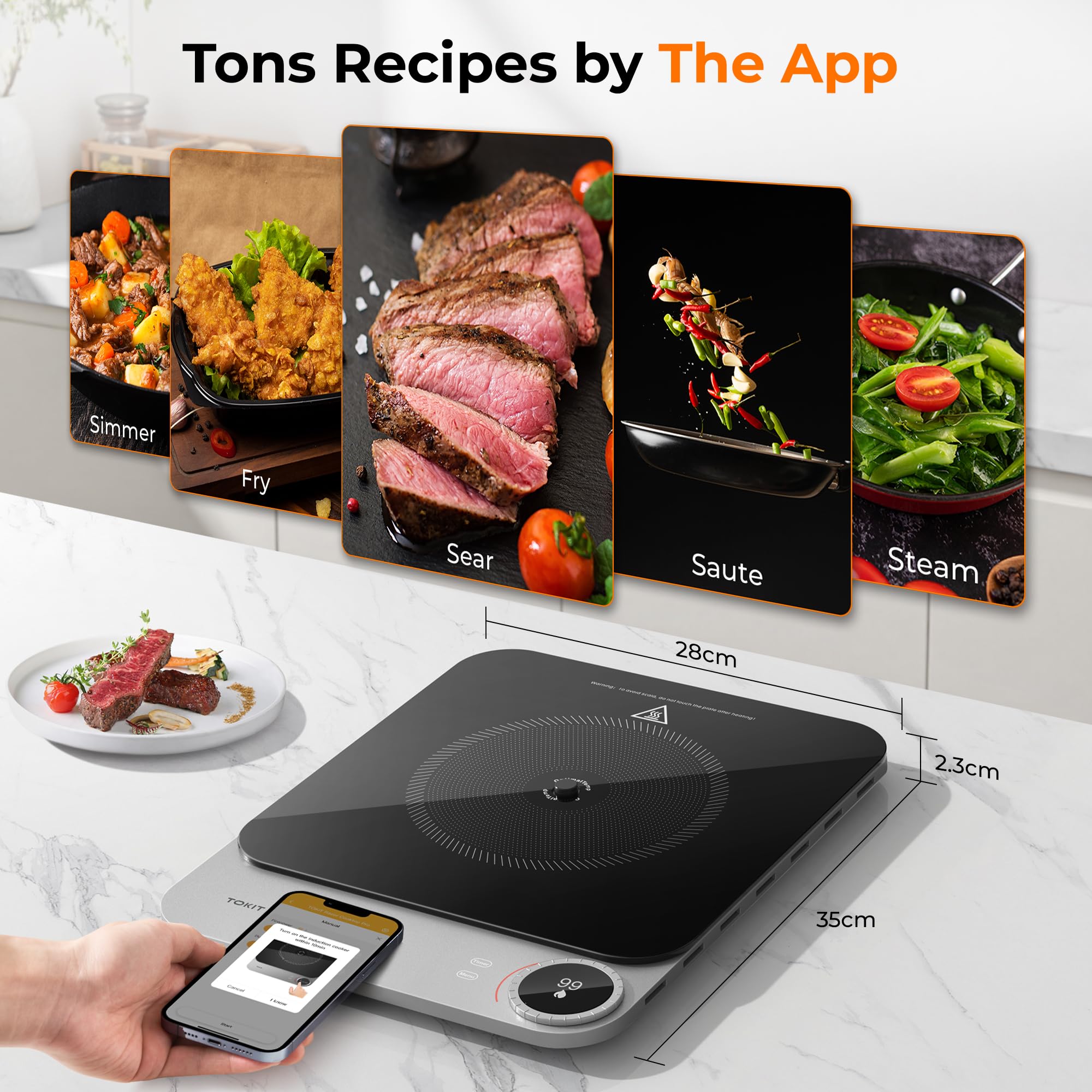 TOKIT Smart Induction Cooker Induktionskochfeld 2100W Einzel Induktionskochplatte tragbar 99 Leistungsstufe mit OLED Display, Timer, 20mm Ultradünn APP Kontrol Temperatursensor