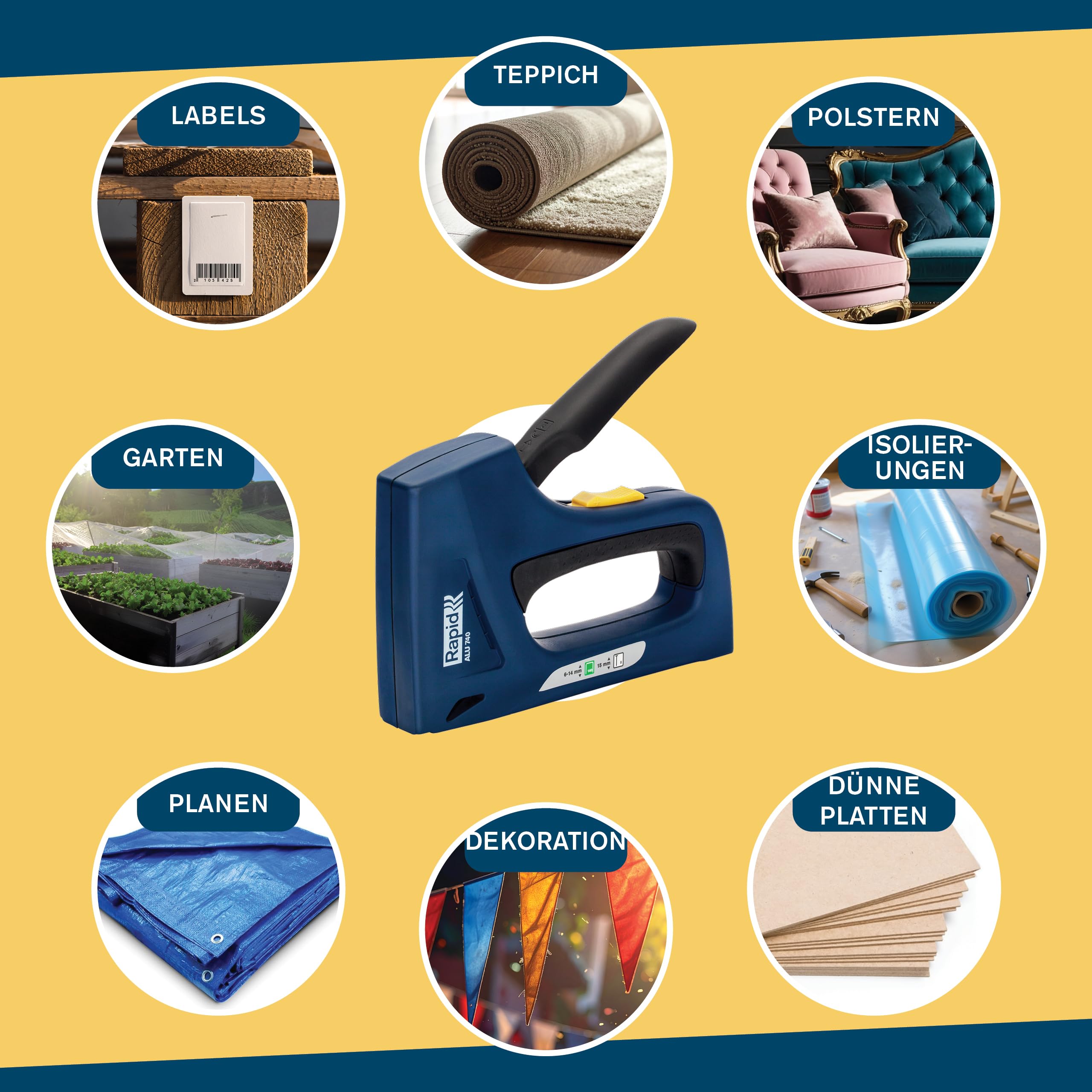 Rapid Handtacker ALU740 aus Aluminium für Typ 140 Klammern & Typ 8 Nägel | Für Holz & Folien; Typ 140 (6-14 mm); Typ 8 (15 mm); robustes Aluminiumgehäuse; 2-Stufen-Schlagkraftregelung; rückschlagfrei
