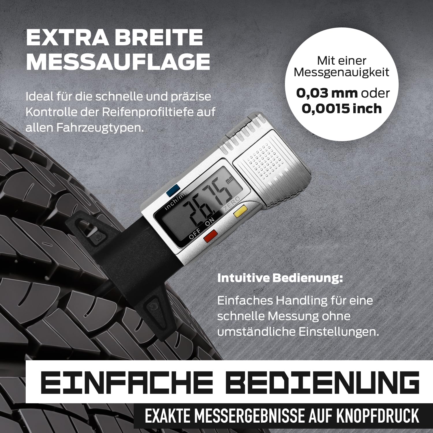 MIB Digitale Reifen-Profillehre für PKW & LKW Nr. 615/3 | Reifenprofilmesser | Tiefenmesser aus Kunststoff | Profiltiefenmesser für Autoreifen | Messwerkzeug | Messbereich 30mm | inkl. Batterie & Etui
