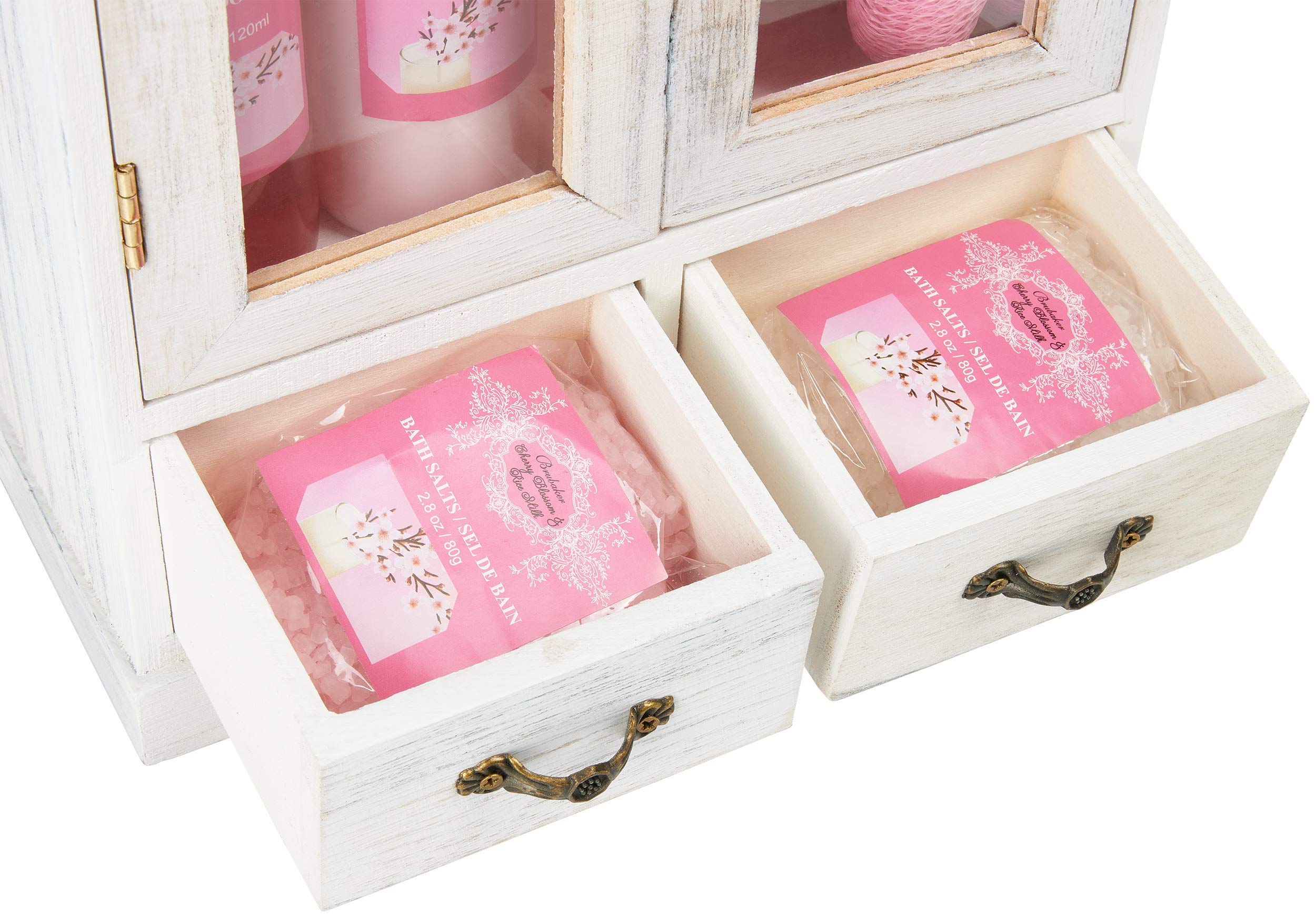 BRUBAKER Cosmetics Bath and Body Gift Set - Cherry Blossoms & Rice Milk - Vegan - Spa Gift in Wooden Cabinet - Vintage White (10 PCS.) - Image 3