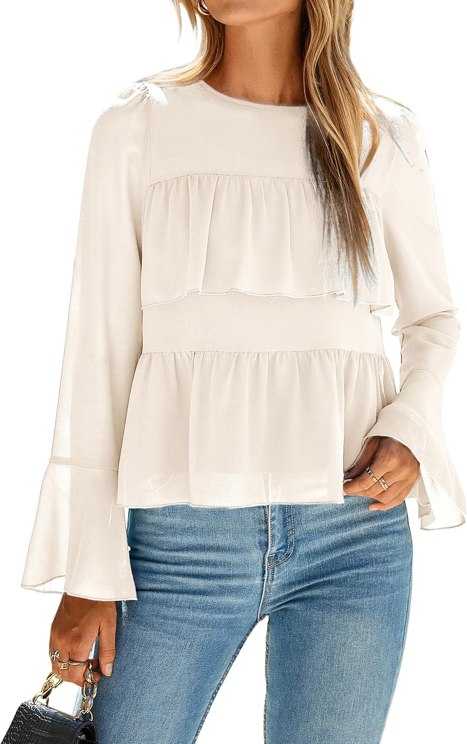 BerryGo Women‘s Dressy Casual Ruffle Blouse Chiffon Long Bell Sleeves Flowy Peplum Tiered Elegant Top Fashion 2026