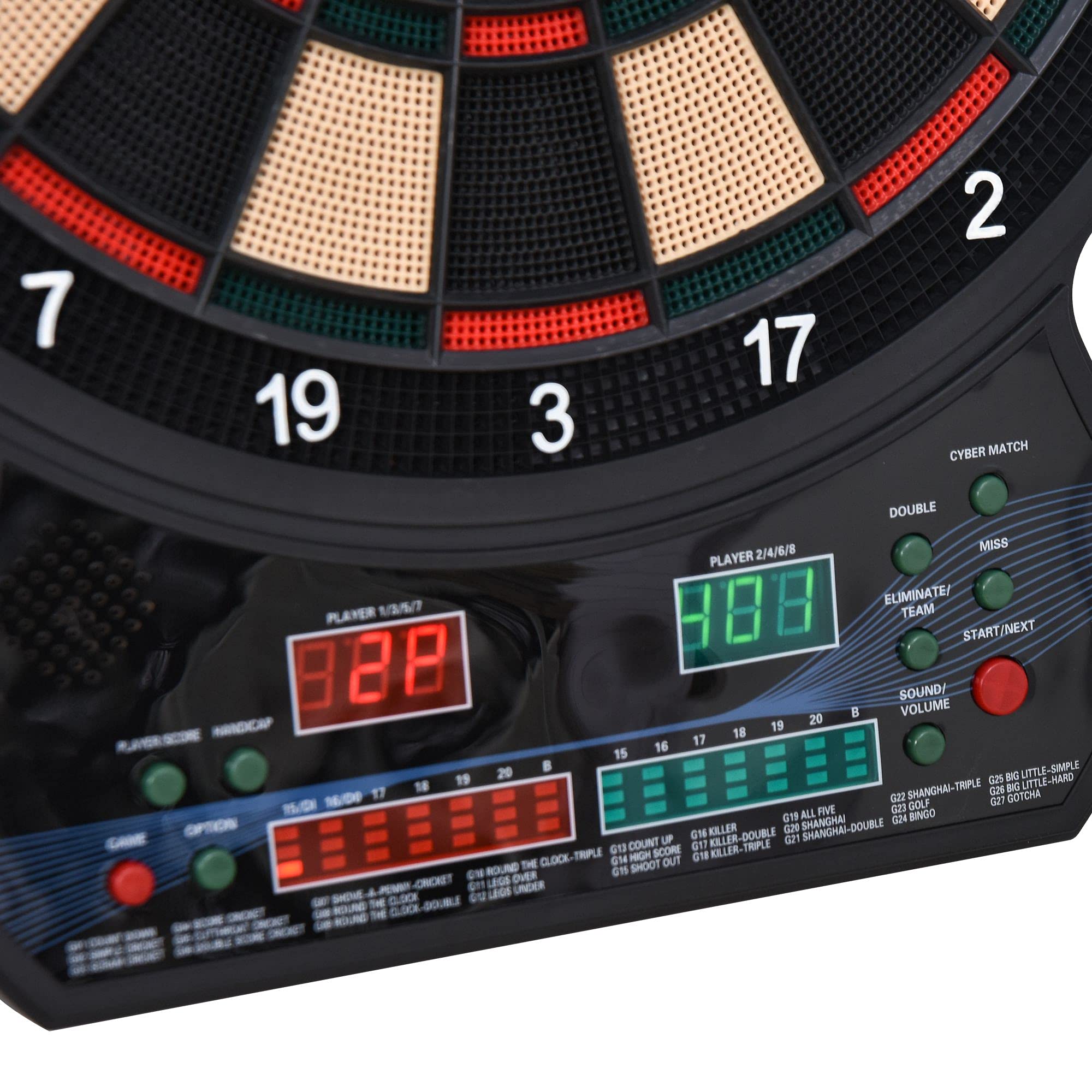 HOMCOM Cible Jeu de fléchettes électronique 27 Jeux et 202 Variations, jusqu'à 8 Joueurs, Affichage LED, Jeu de fléchettes avec 12 fléchettes Pointes Souples et 30 Pointes de Rechange Noir