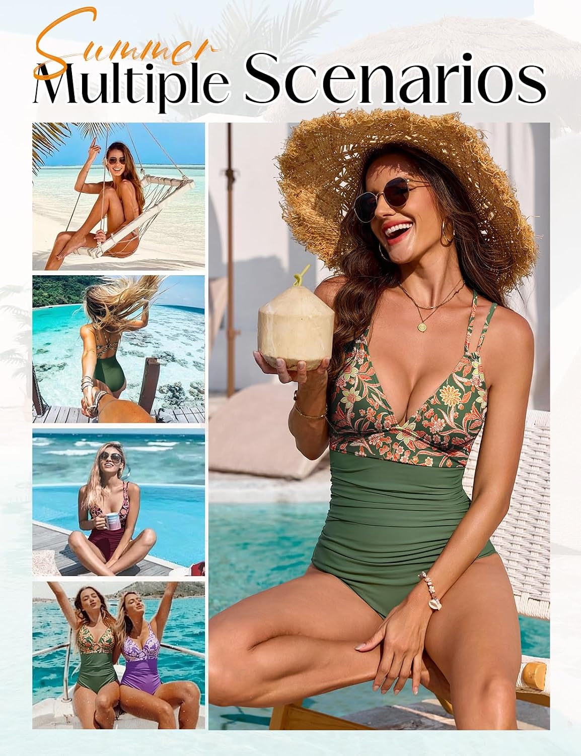 UMIPUBO Women's One Piece Swimsuit Tummy Control Ruched V Neck Bathing Suit Floral Back Cutout Swimwear for Beach Vacation