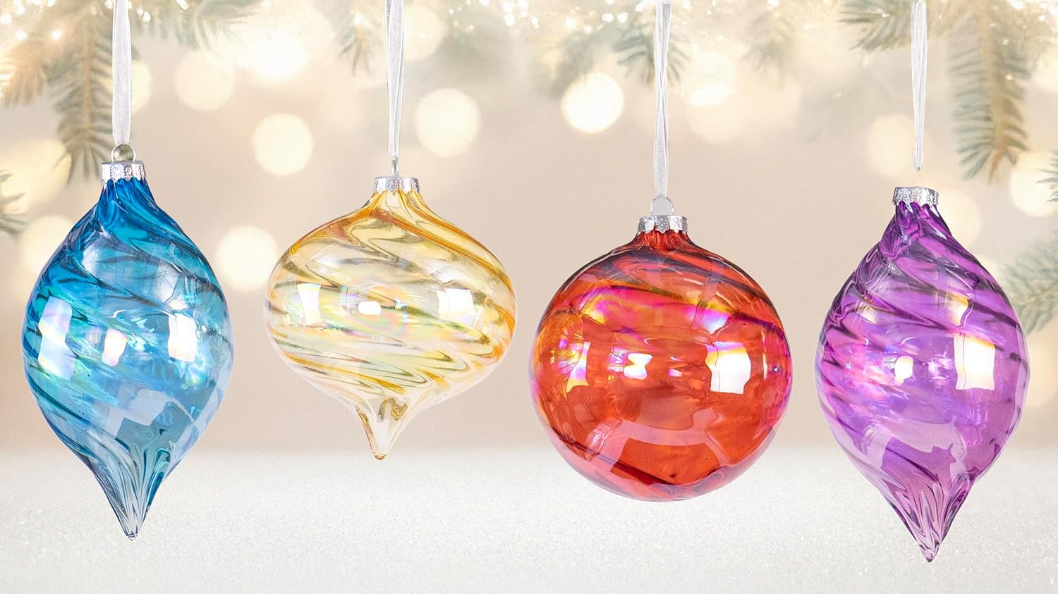 Red Co. Set of 12 Decorative 4” to 6” Assorted Iridescent Multicolor Glass Hanging Christmas Tree Ornaments - Olive, Ball & Onion