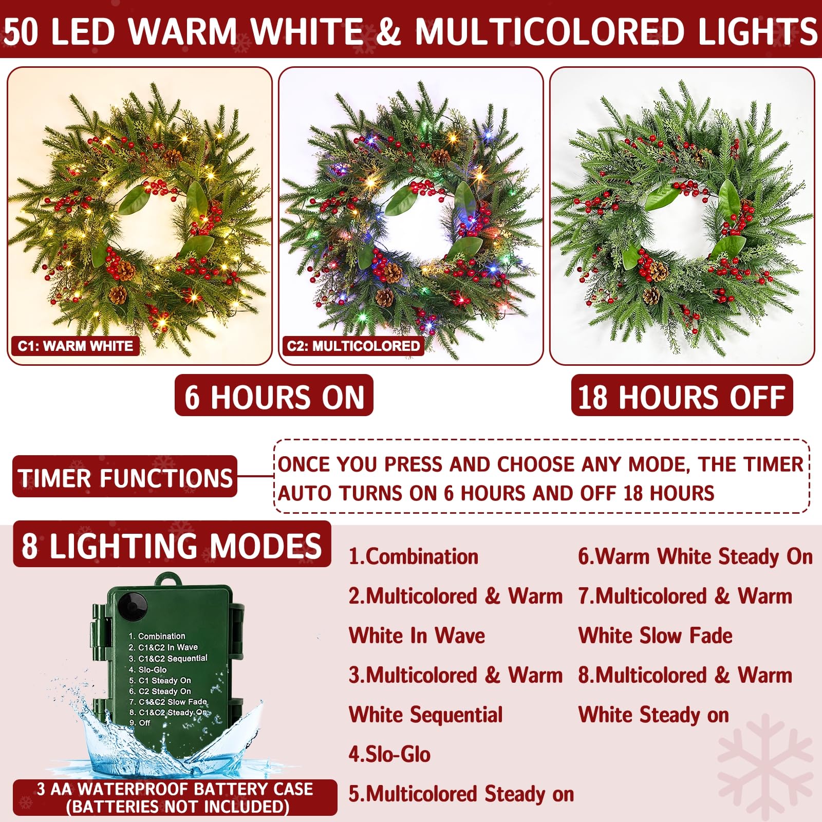 Vorbeleuchteter Weihnachtskranz mit Timer und 8 Modi, zweifarbige 50 LED-Lichter, künstliche Tannenspitzen, Stechpalmen- und Zypressenblätter, rote Beeren und Tannenzapfen, Wanddekoration, 61 cm