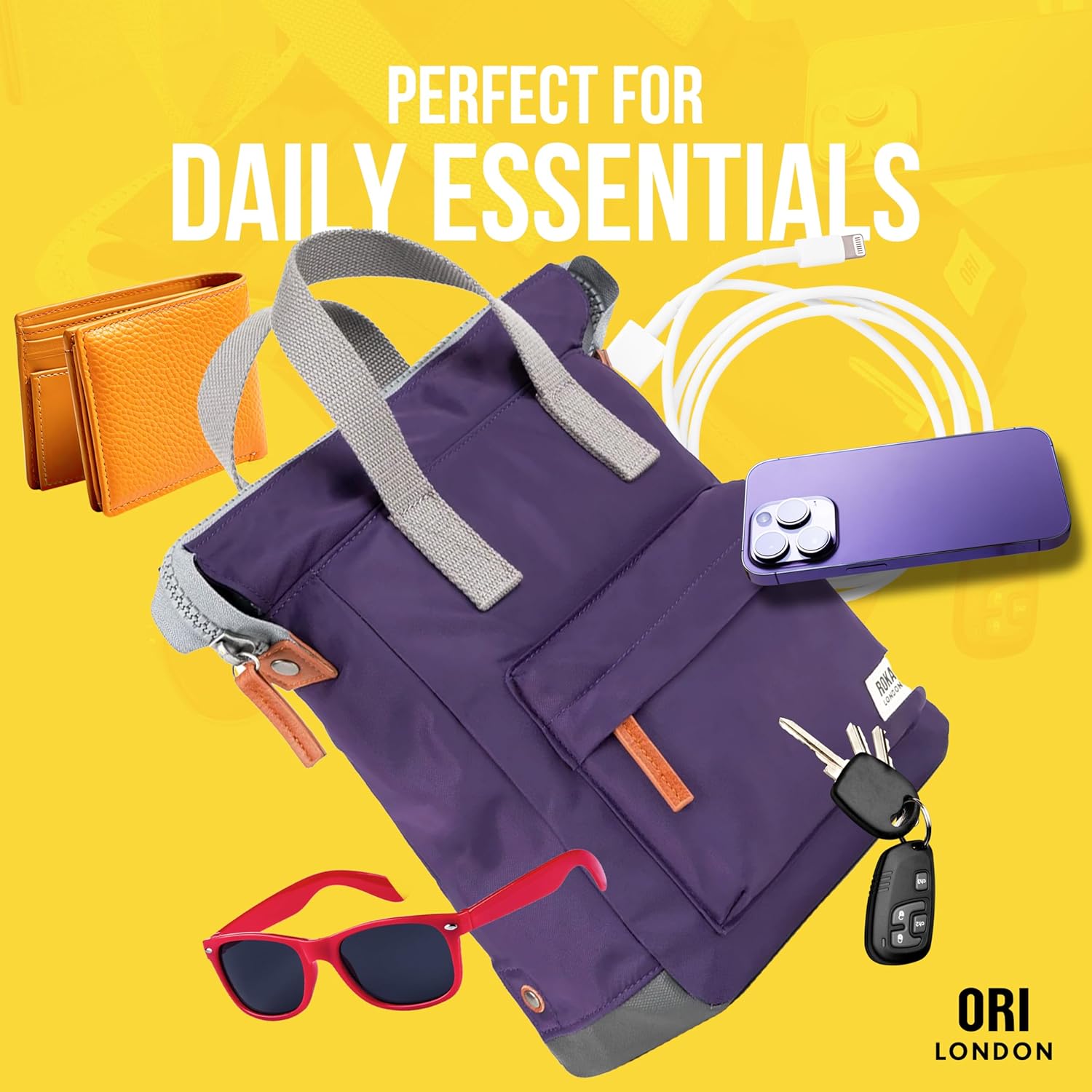ORI LONDON Medium Tote Bag Backpack - Nylon Tote Backpack for Women & Men with Wide Mouth, Chunky Zippers, Multiple Pockets, Adjustable Straps - The Bantry, Peri Purple Backpack, 15.75x 11.81x 4.72 - Image 5