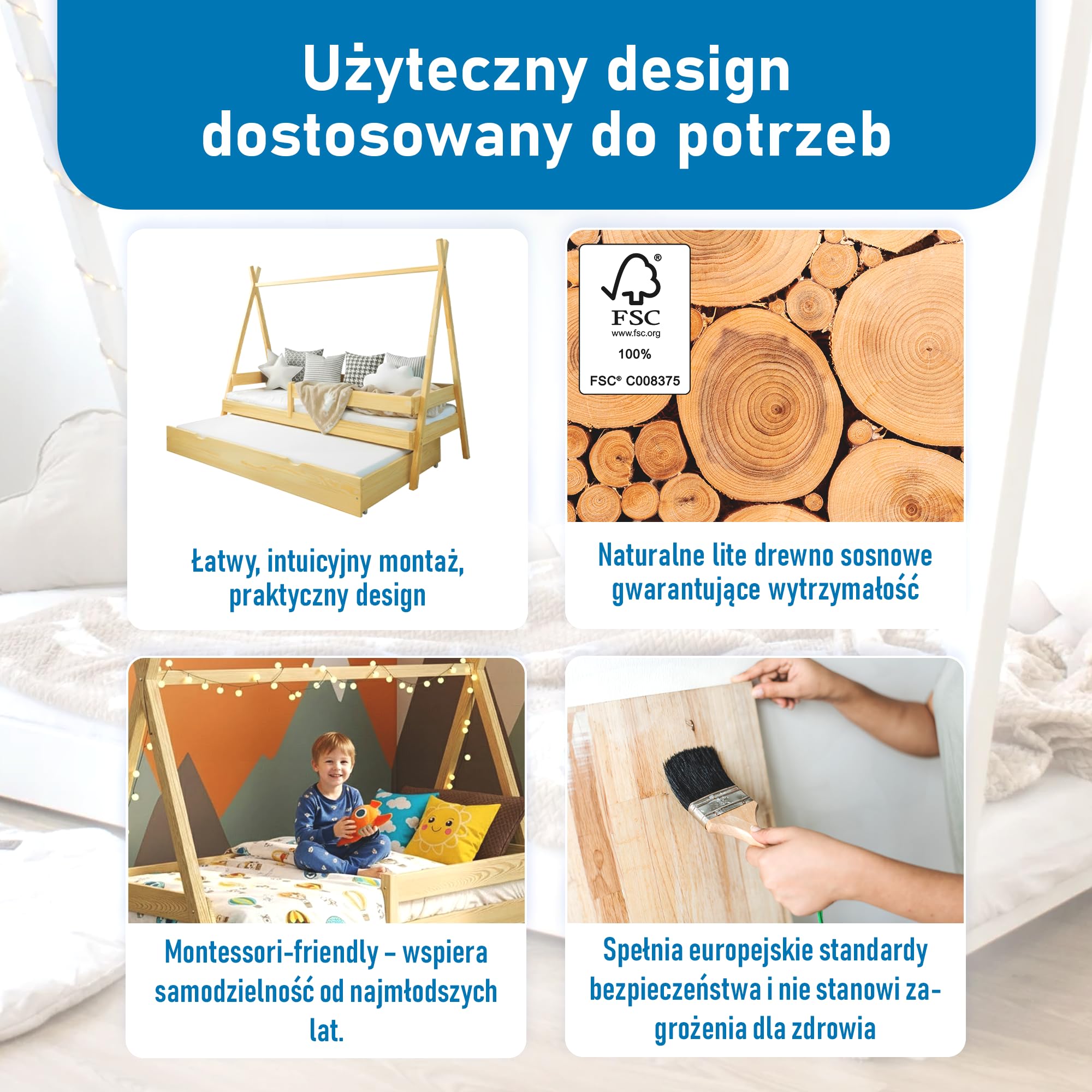 Łóżko dziecięce Tipi 80x160 cm - łóżko z drewna sosnowego z wysuwanym łóżkiem i barierką ochronną - łóżko domek dla dziewczynek i chłopców - zaokrąglone krawędzie