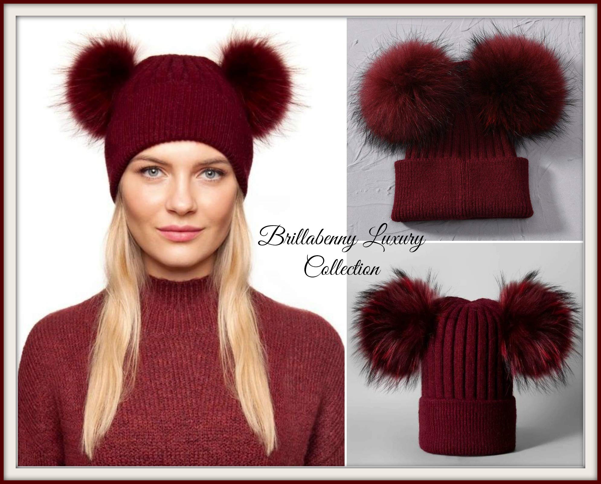 Gorro de cachemira de piel auténtica con doble pompón, para mujer, de invierno, para mujer ROSSO BORDEAUX Talla única
