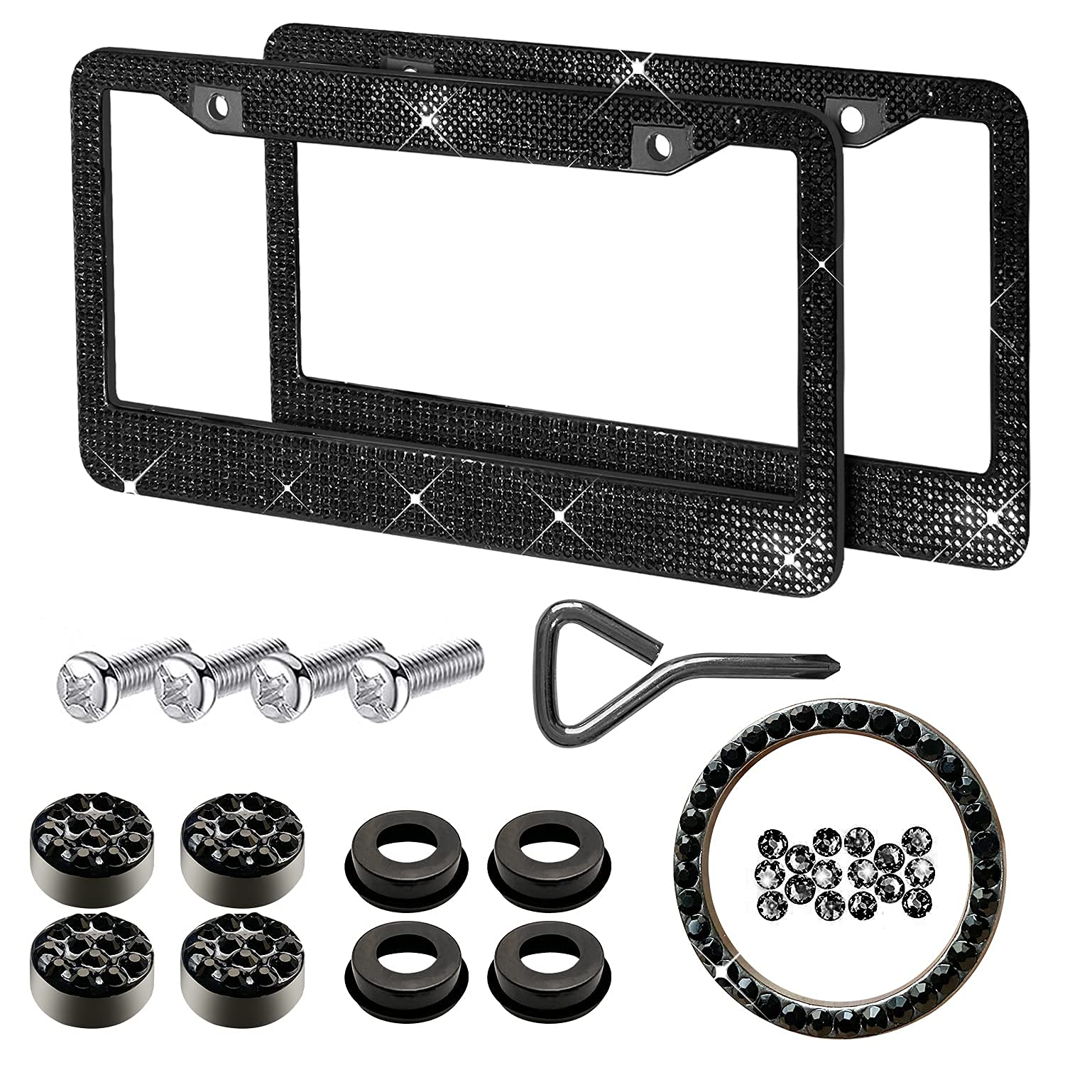 Bling License Plate Frame for Women,2 Pack Sparkly Diamond Car License Plate Frames with GiftBox, Screw Caps and Rhinestone Engine Start Ring,Stainless Steel Frame Gift for Women (Black)