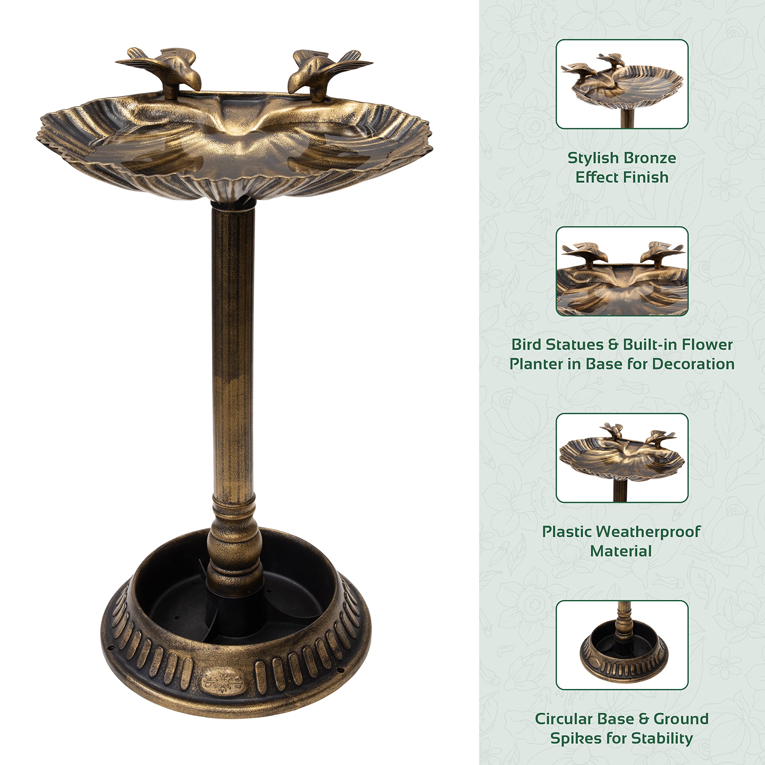 Gardenkraft Bain pour Oiseaux Coquille de palourde avec Base jardinière Bronze