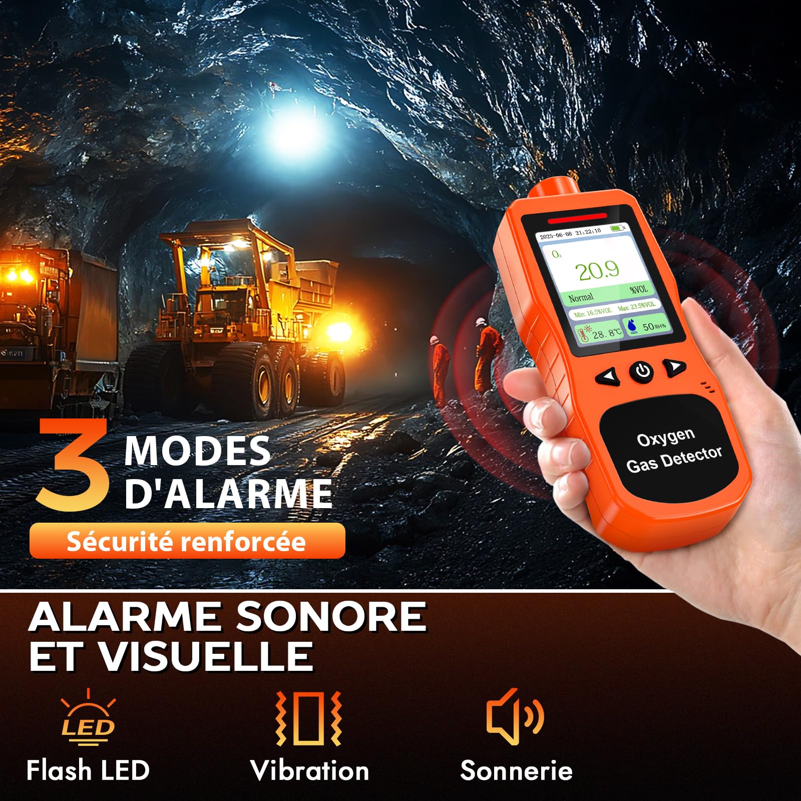Détecteur d’Oxygène Portatif, Moniteur O2 Rechargeable avec Alarmes Sonores, Lumineuses et Vibrantes, Analyseur de Qualité de l’Air Oxygène Mesurant la Température et l’Humidité